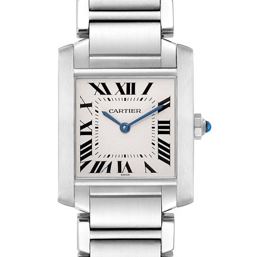 The Cartier Tank Francaise W51003Q3 Women's Stainless Steel Silver Dial watch is shown from the front, highlighting the dial, case, crown, and bracelet.