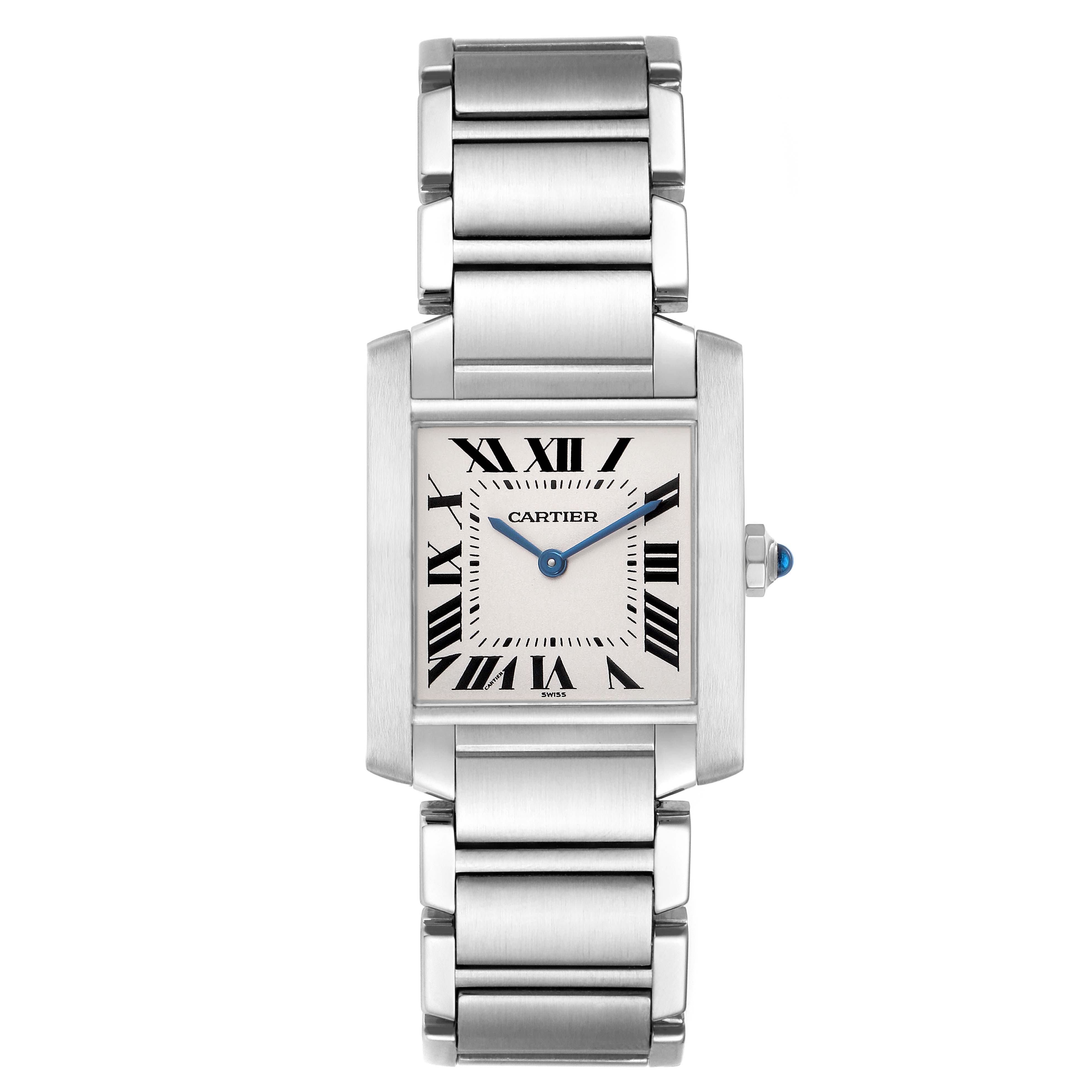 The image shows a frontal view of the Cartier Tank Francaise W51003Q3 Women's Stainless Steel Silver Dial watch, highlighting its rectangular face and metal bracelet.