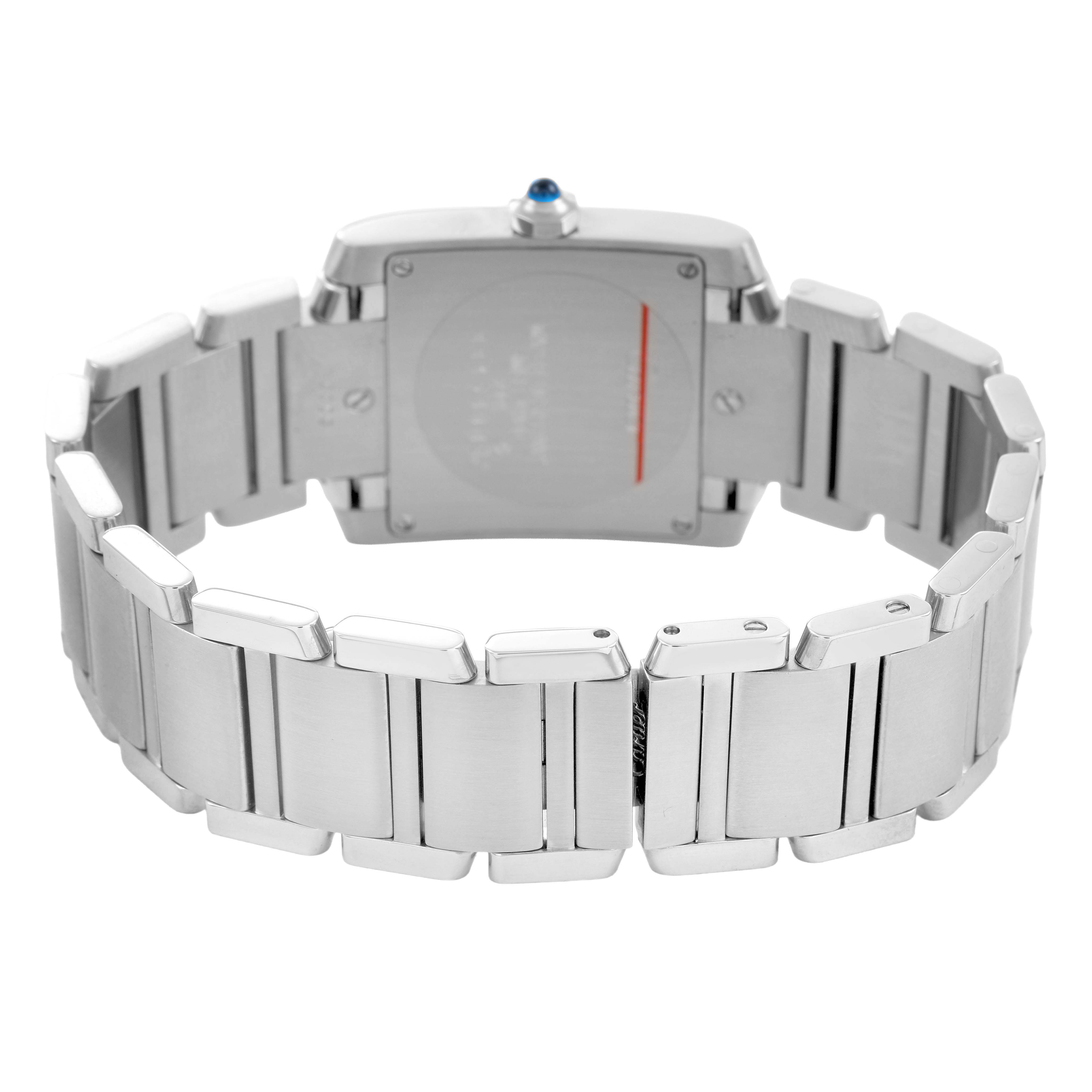 The image shows the back and bracelet of a Cartier Tank Francaise W51003Q3 Women's Stainless Steel Silver Dial watch, including the clasp and case back.