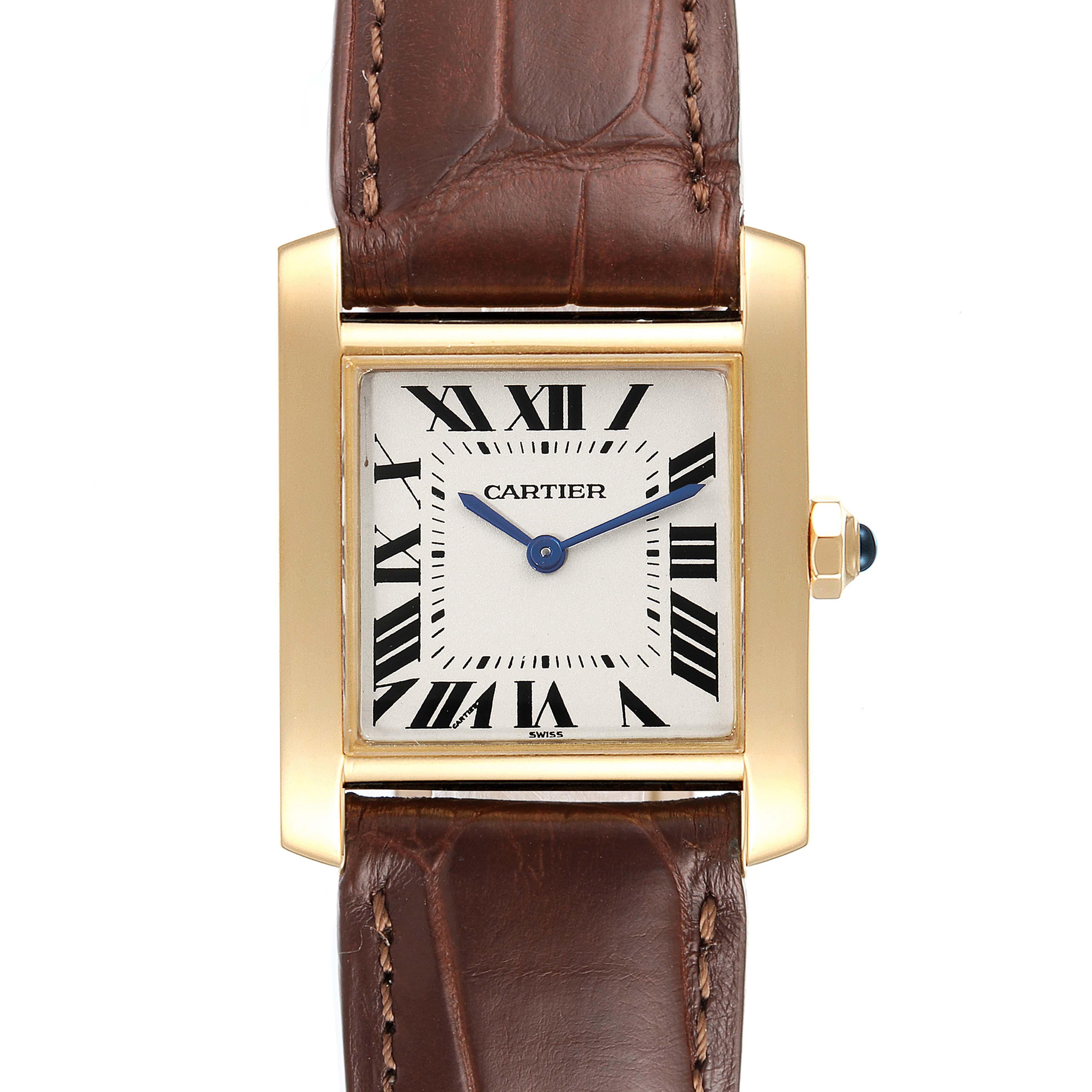The image shows a front view of the Cartier Tank Francaise W5000356 Women's Yellow Gold Silver Dial W5000356 Women's Yellow Gold Silver Dial watch with a brown leather strap and gold-tone case.