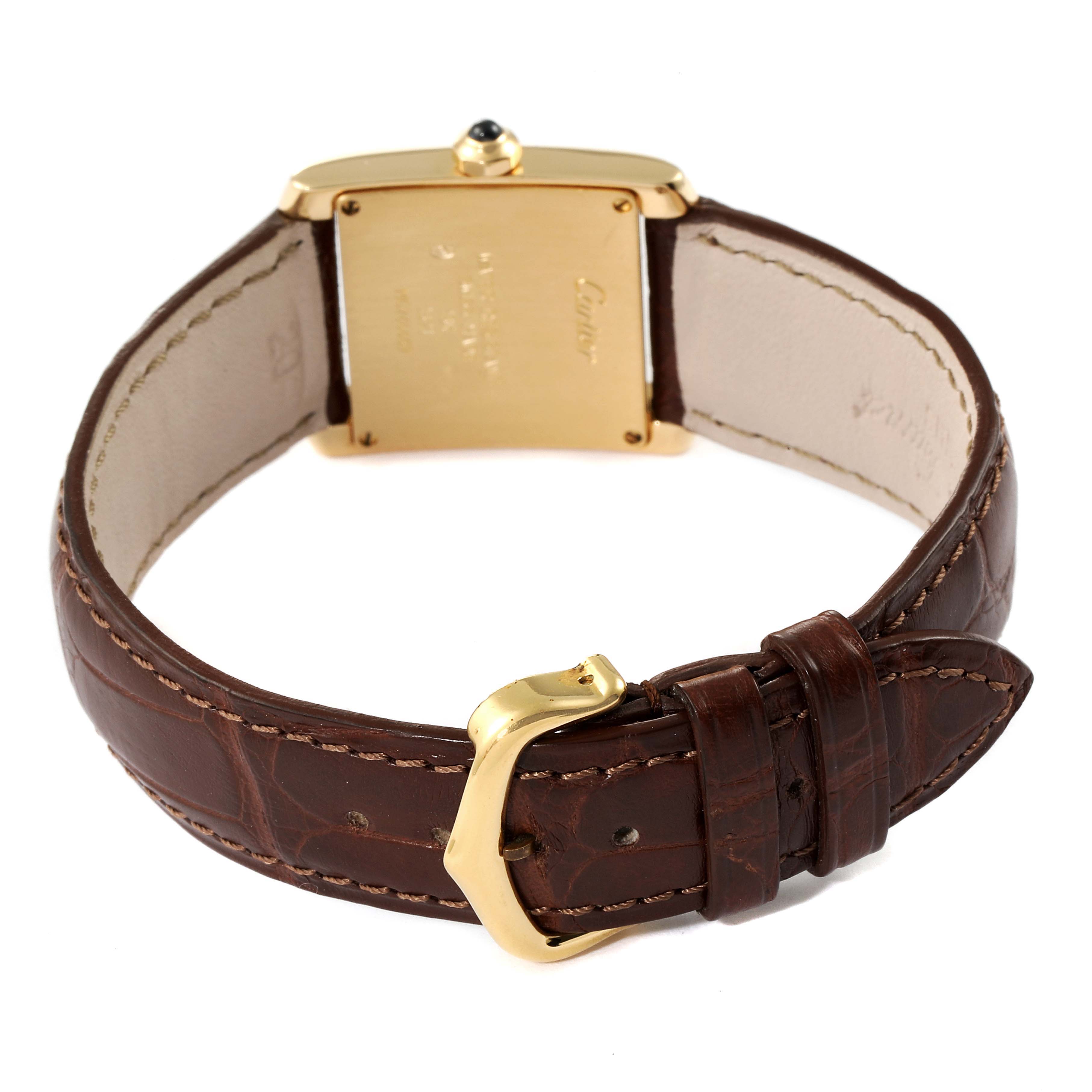 The image shows the back view of the Cartier Tank Francaise W5000356 Women's Yellow Gold Silver Dial W5000356 Women's Yellow Gold Silver Dial watch, highlighting the leather strap and gold buckle.