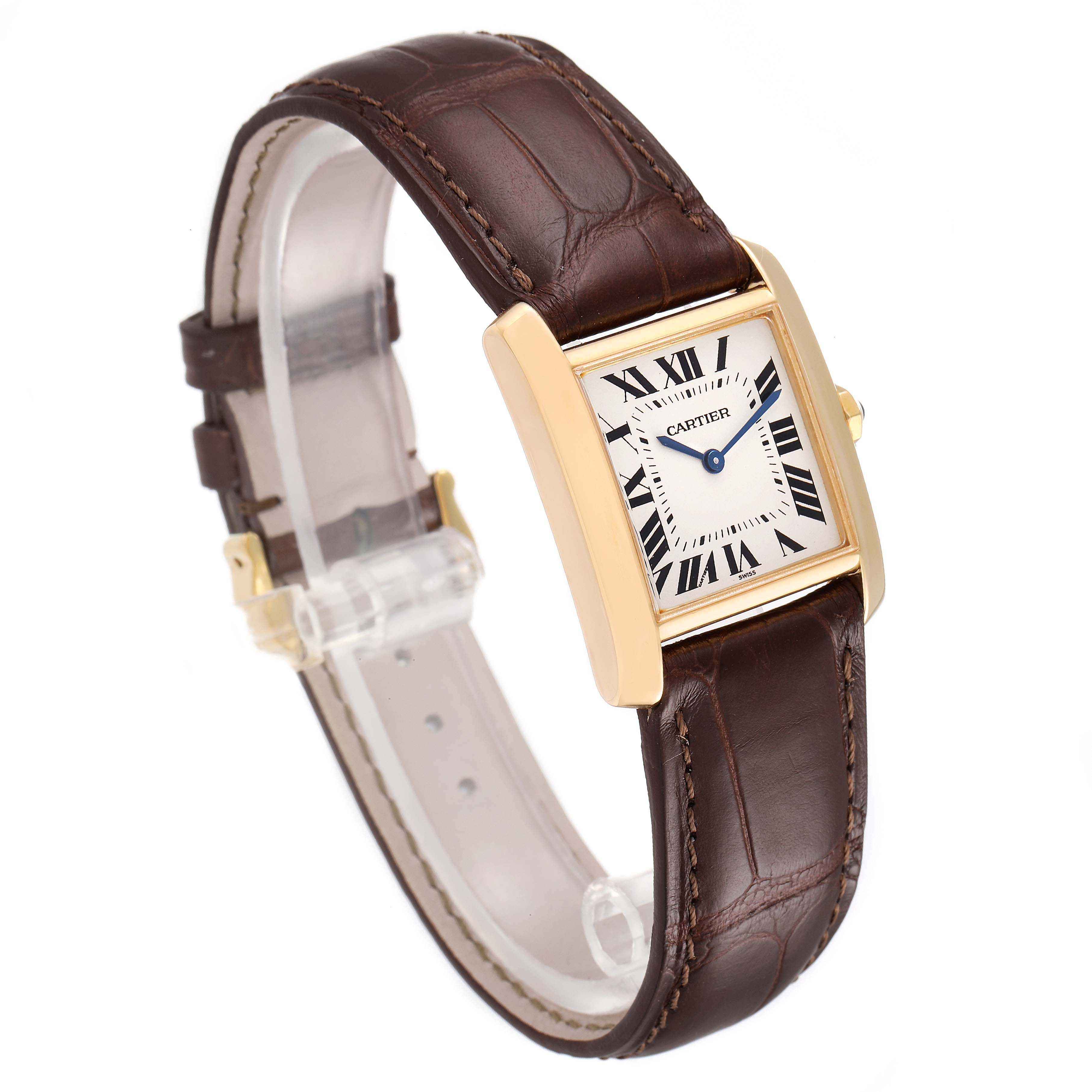 The image shows a Cartier Tank Francaise W5000356 Women's Yellow Gold Silver Dial W5000356 Women's Yellow Gold Silver Dial watch at a three-quarter angle, highlighting its face and leather strap.