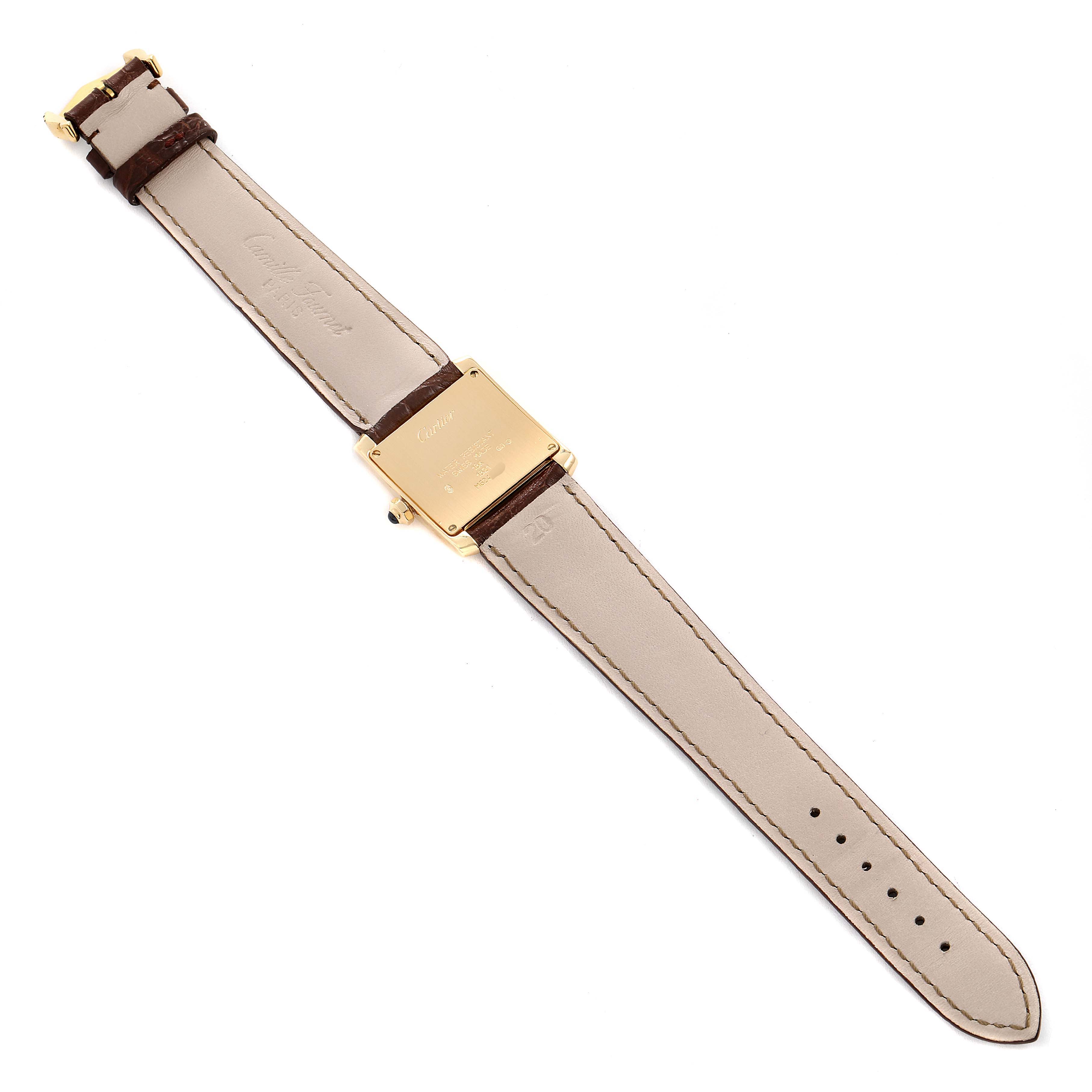 The image shows the back view of a Cartier Tank Francaise W5000356 Women's Yellow Gold Silver Dial W5000356 Women's Yellow Gold Silver Dial watch, highlighting the case back and leather straps.