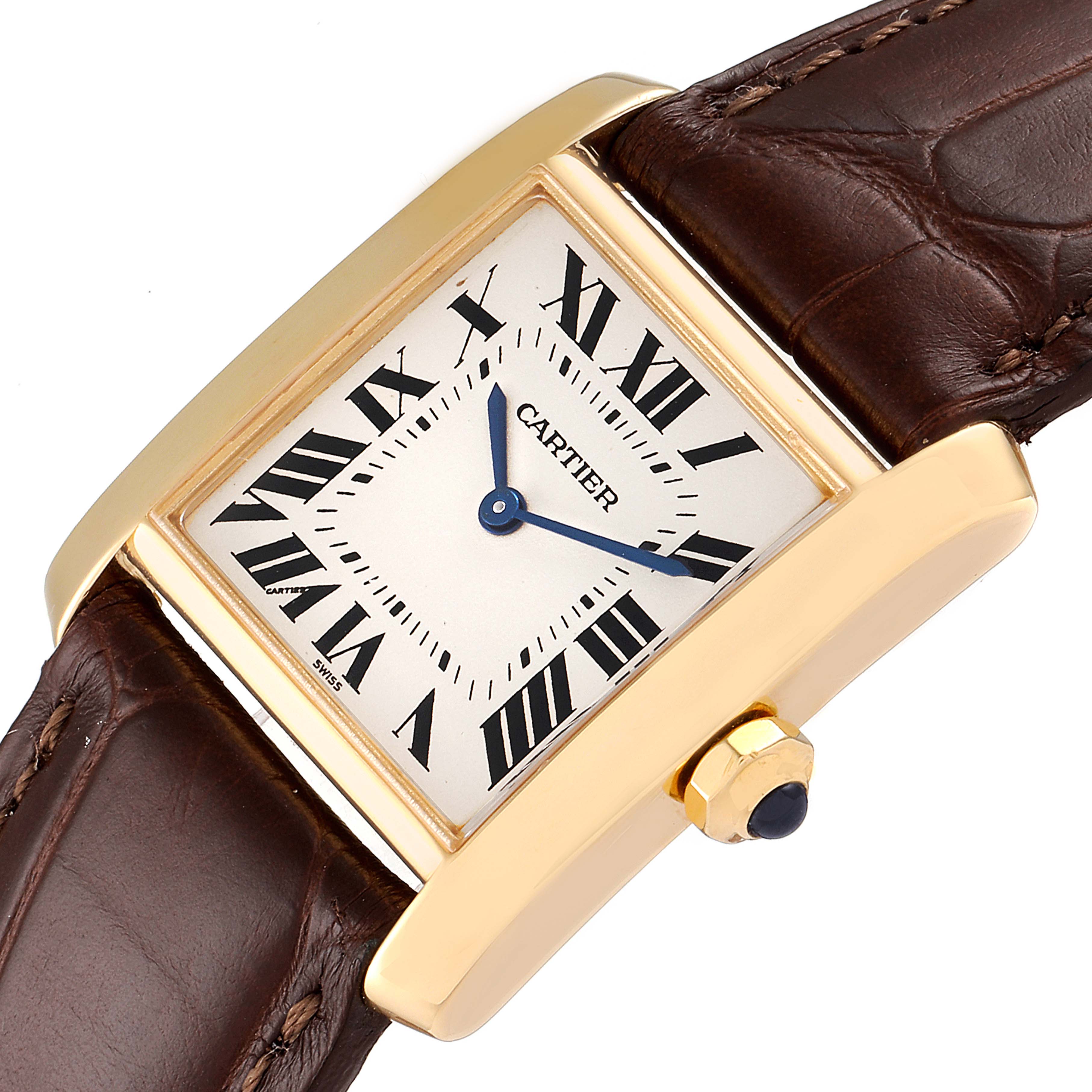 The image shows a close-up of the face and part of the strap of a Cartier Tank Francaise W5000356 Women's Yellow Gold Silver Dial W5000356 Women's Yellow Gold Silver Dial watch.