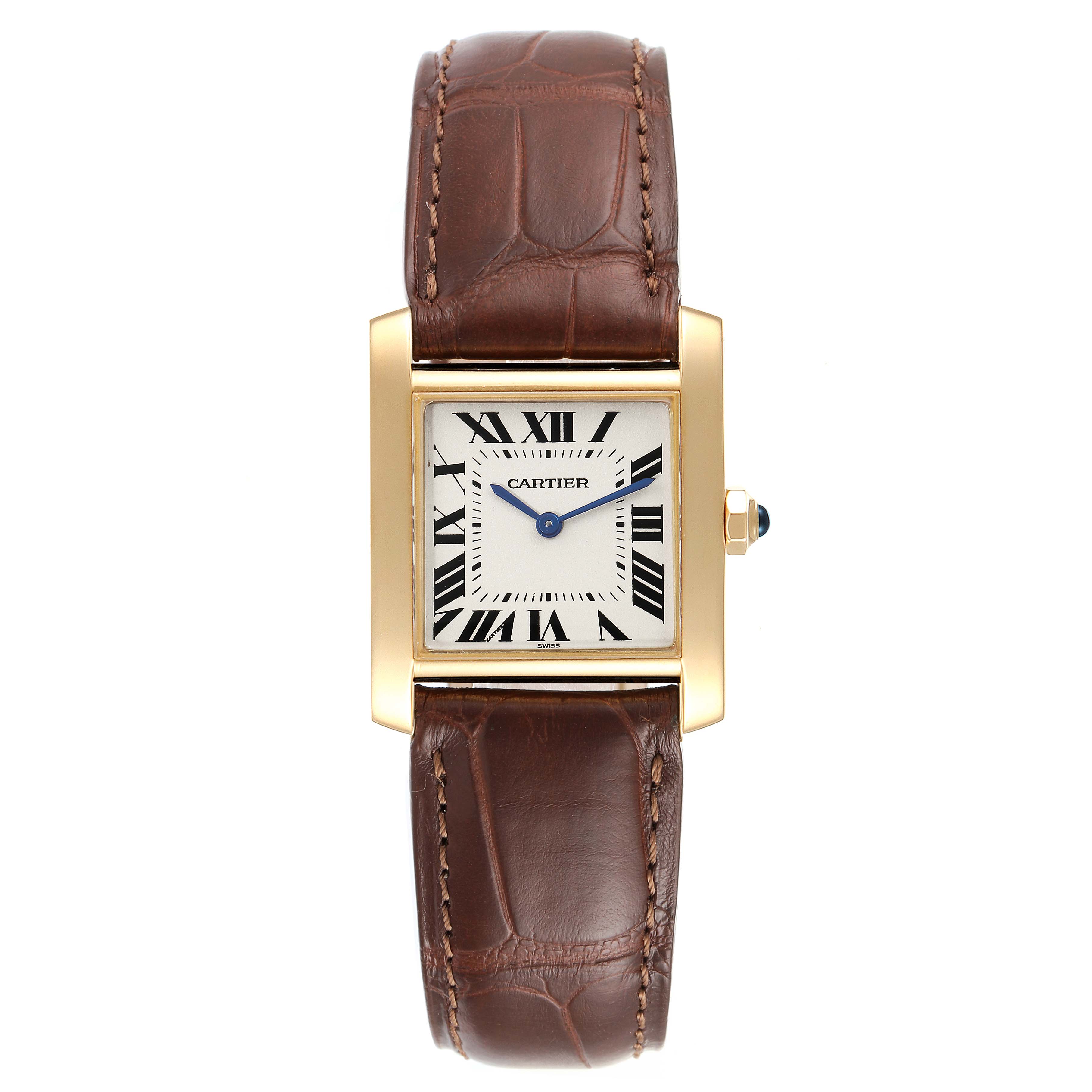 The Cartier Tank Francaise W5000356 Women's Yellow Gold Silver Dial W5000356 Women's Yellow Gold Silver Dial watch is shown from the front, displaying the face, bezel, and brown leather strap.