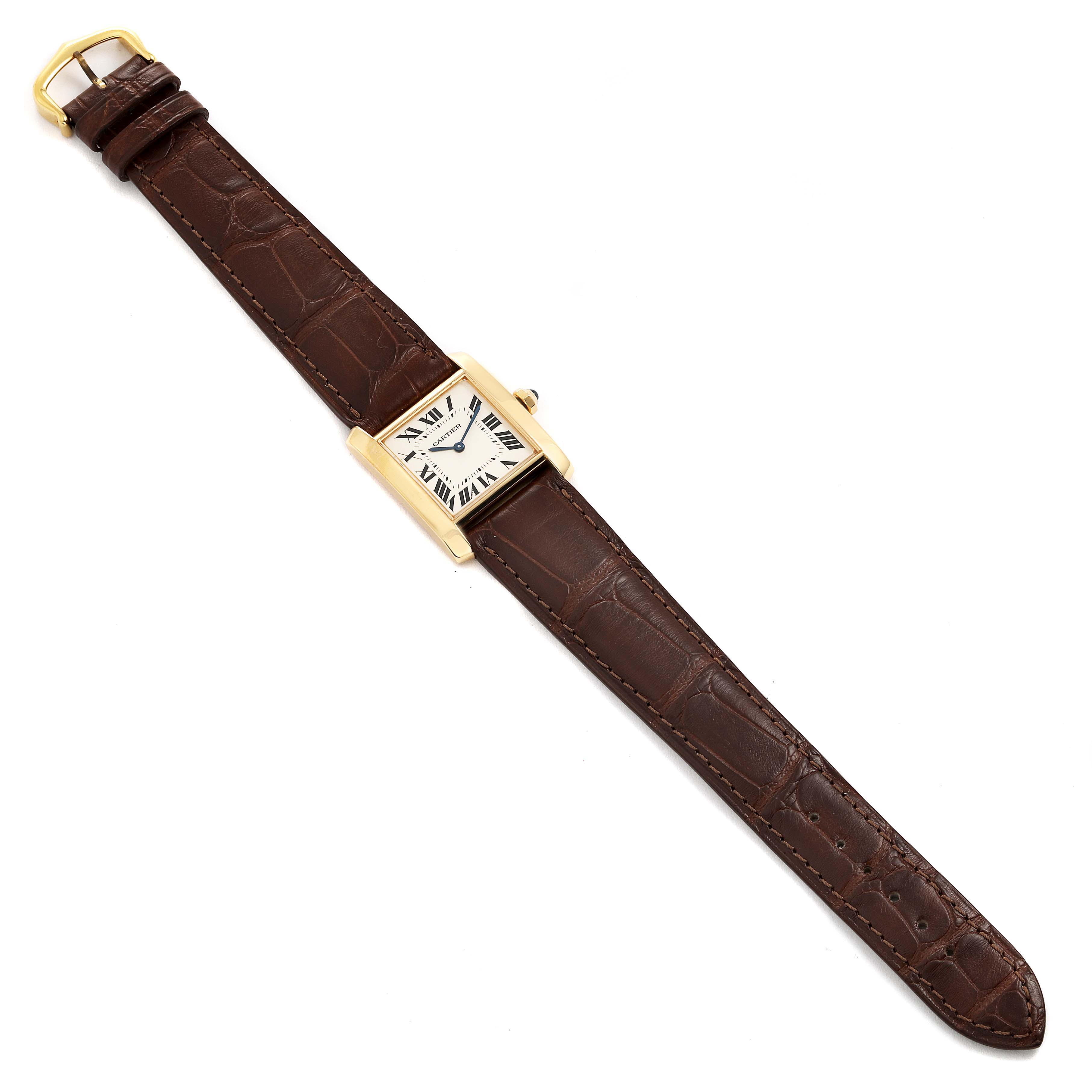 The Cartier Tank Francaise W5000356 Women's Yellow Gold Silver Dial W5000356 Women's Yellow Gold Silver Dial watch is shown from a top-down angle, displaying the face, brown leather strap, and gold buckle.