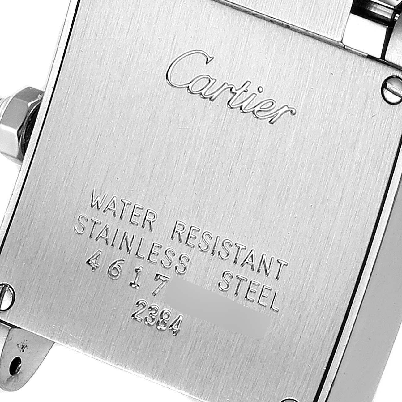 This image shows the back of the Cartier Tank Francaise W51008Q3 Women's Stainless Steel Silver Dial W51008Q3 Women's Stainless Steel Silver Dial watch, displaying the brand name and water resistance details.