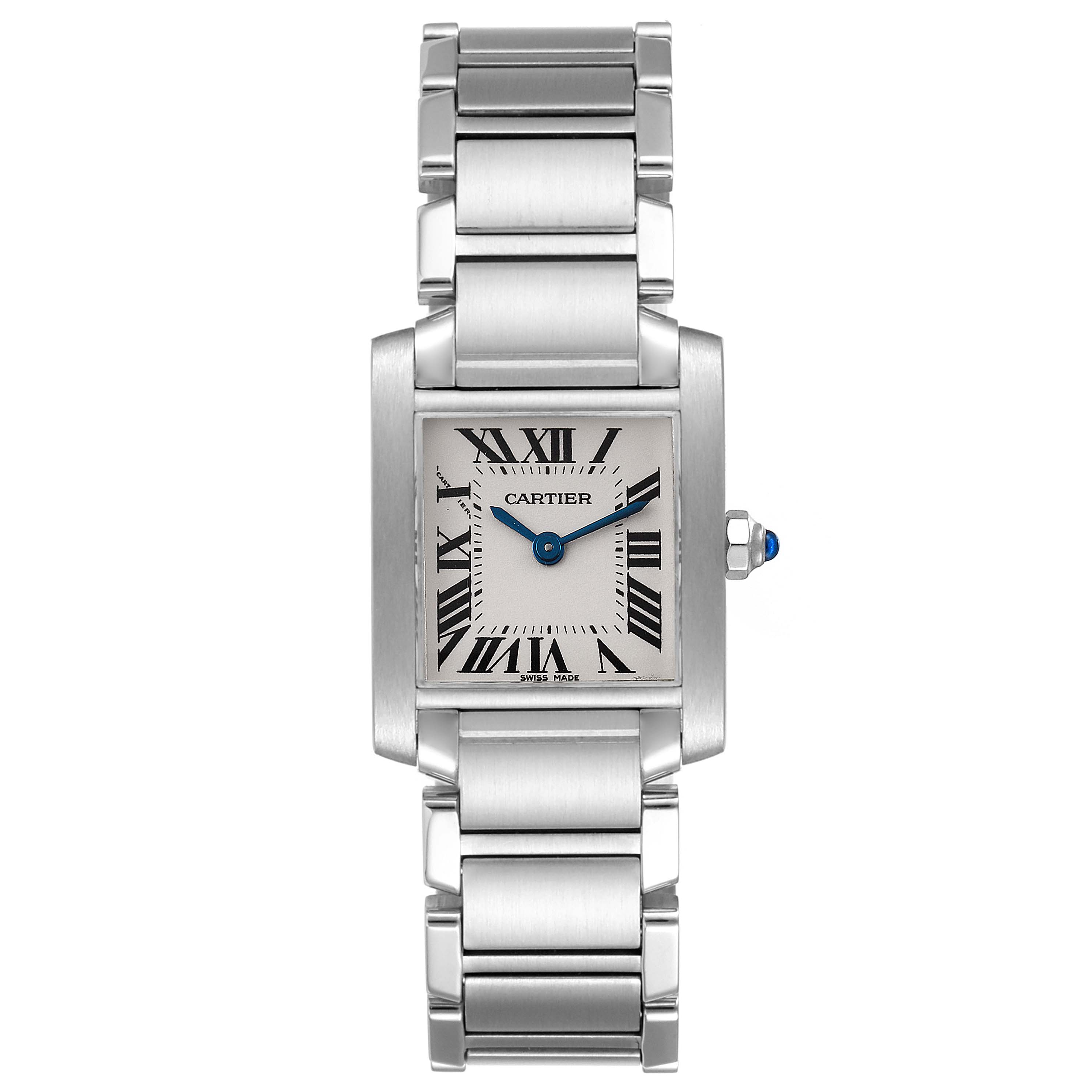 The Cartier Tank Francaise W51008Q3 Women's Stainless Steel Silver Dial W51008Q3 Women's Stainless Steel Silver Dial watch is shown from a top-down angle, displaying its rectangular face, Roman numerals, and metal bracelet.