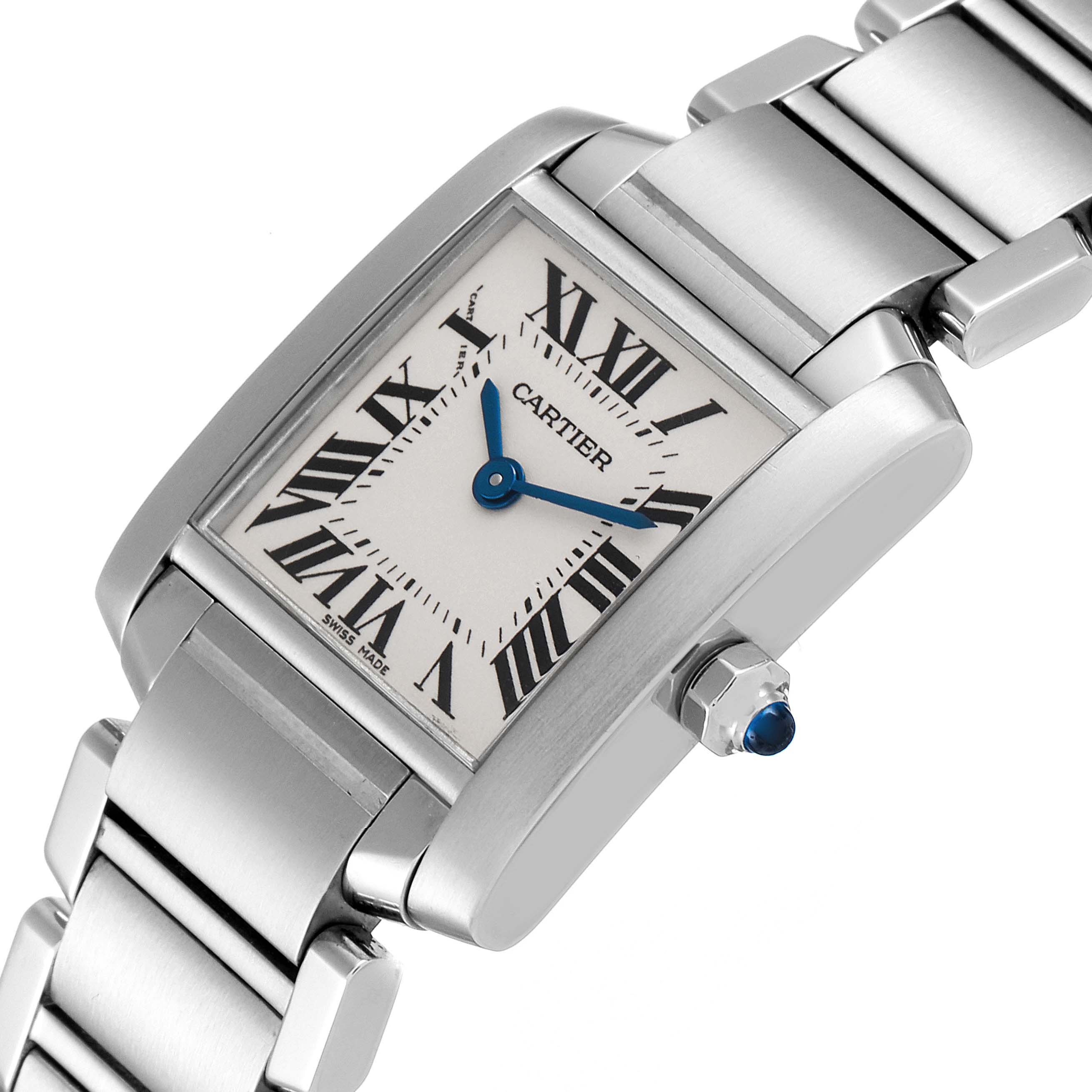 The image shows a Cartier Tank Française watch at a slight angle, highlighting its face, bracelet, and blue cabochon crown.