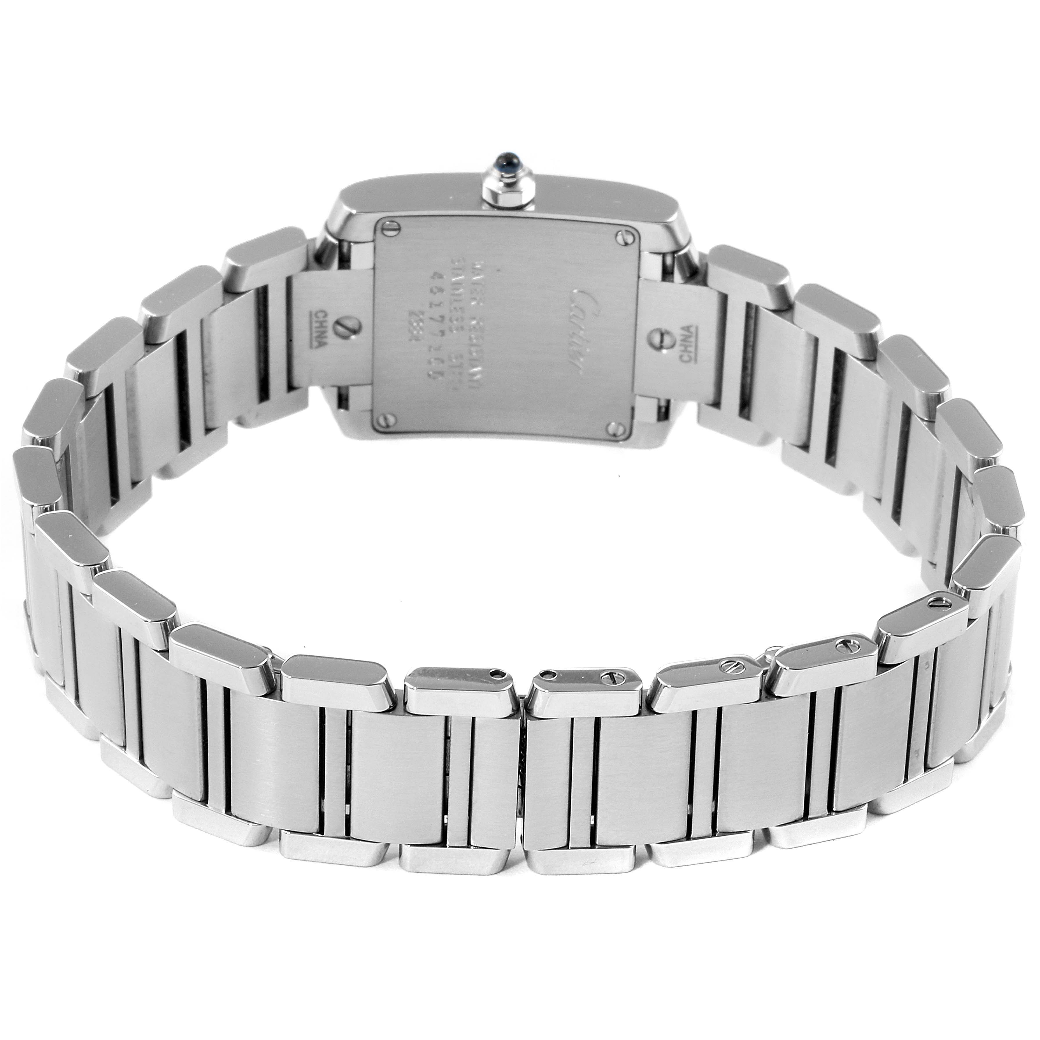 This image shows the back and bracelet of the Cartier Tank Francaise W51008Q3 Women's Stainless Steel Silver Dial W51008Q3 Women's Stainless Steel Silver Dial watch, highlighting its stainless steel band and case back.