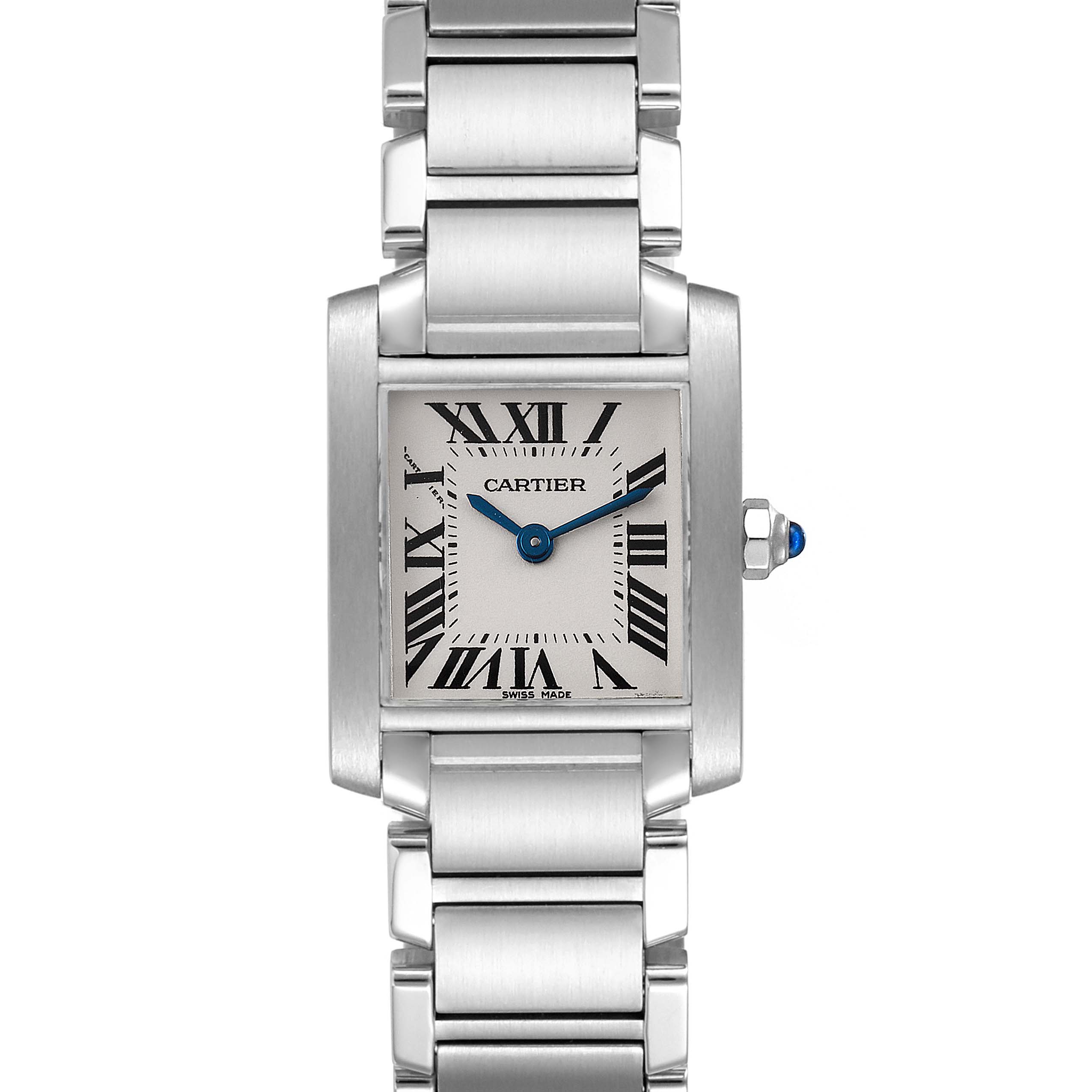 This is a frontal view of a Cartier Tank Francaise W51008Q3 Women's Stainless Steel Silver Dial W51008Q3 Women's Stainless Steel Silver Dial watch, showcasing its rectangular face, Roman numerals, and metal bracelet.