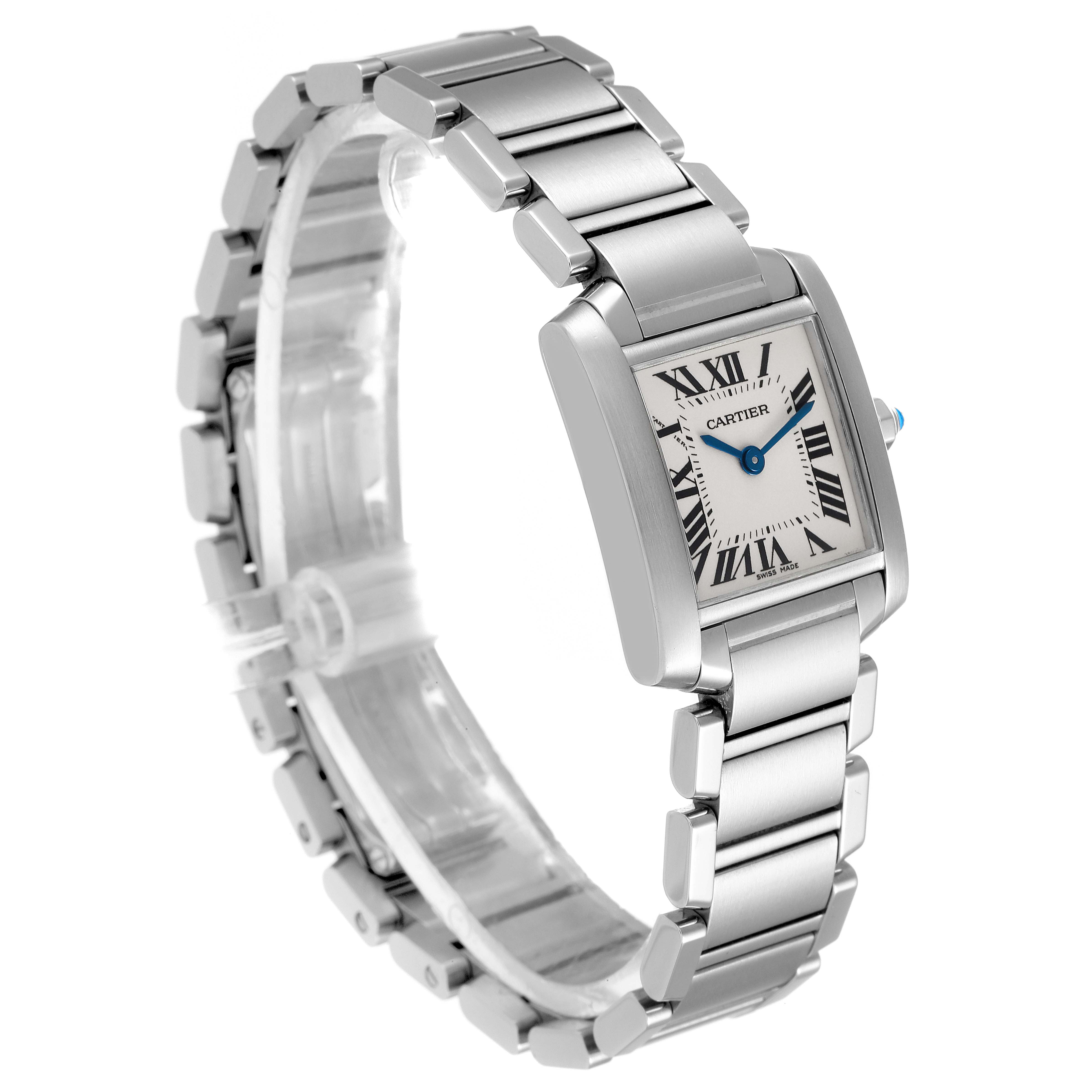 The Cartier Tank Francaise W51008Q3 Women's Stainless Steel Silver Dial W51008Q3 Women's Stainless Steel Silver Dial watch is shown at an angled side view, displaying its rectangular face, stainless steel band, and Roman numeral dial.