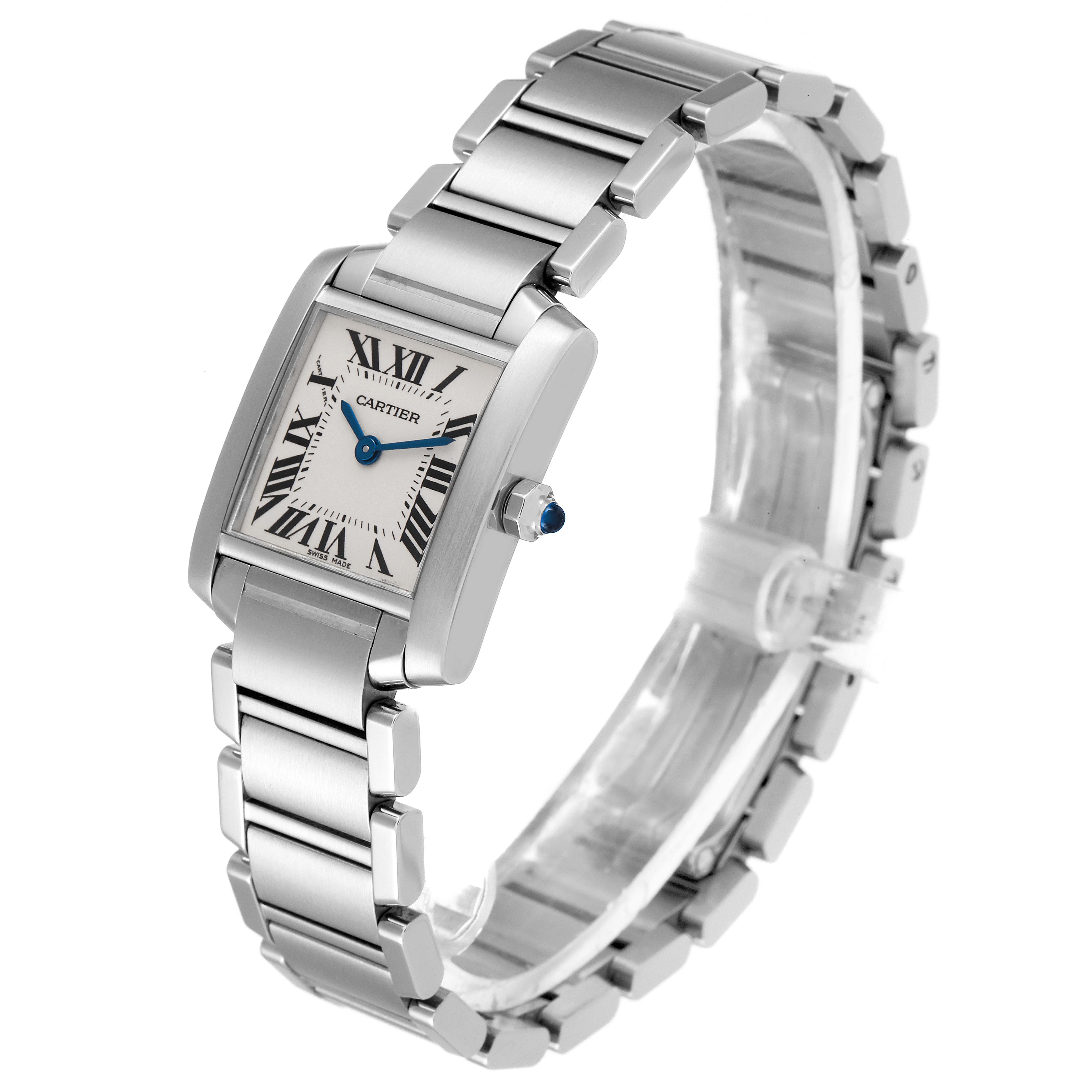 The Tank Française watch by Cartier is shown at an angle, displaying its rectangular dial, Roman numerals, and metal bracelet.
