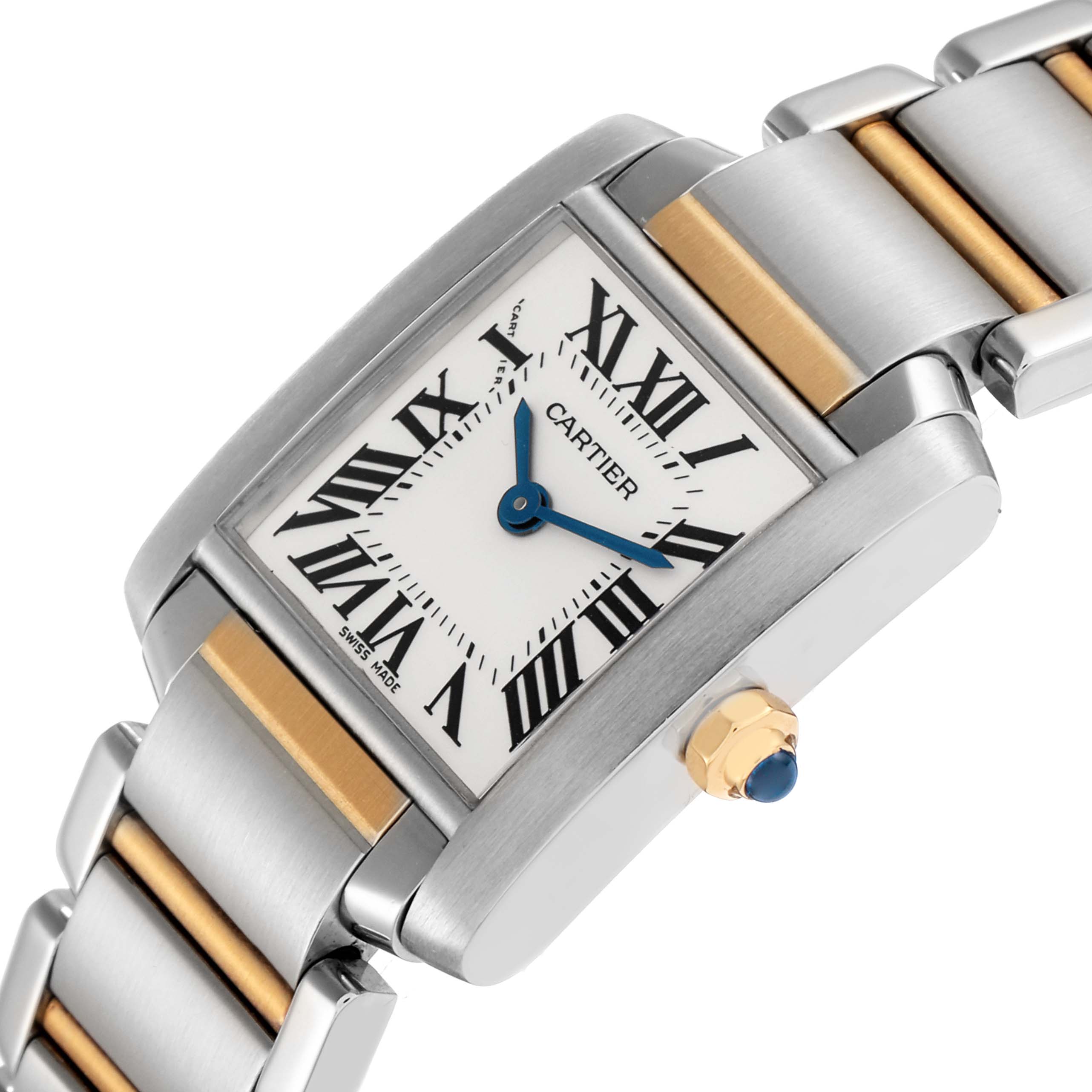 The Cartier Tank Francaise W51007Q4 men's watch is shown at an angle highlighting its square face, Roman numerals, blue hands, two-tone bracelet, and crown with a blue cabochon.