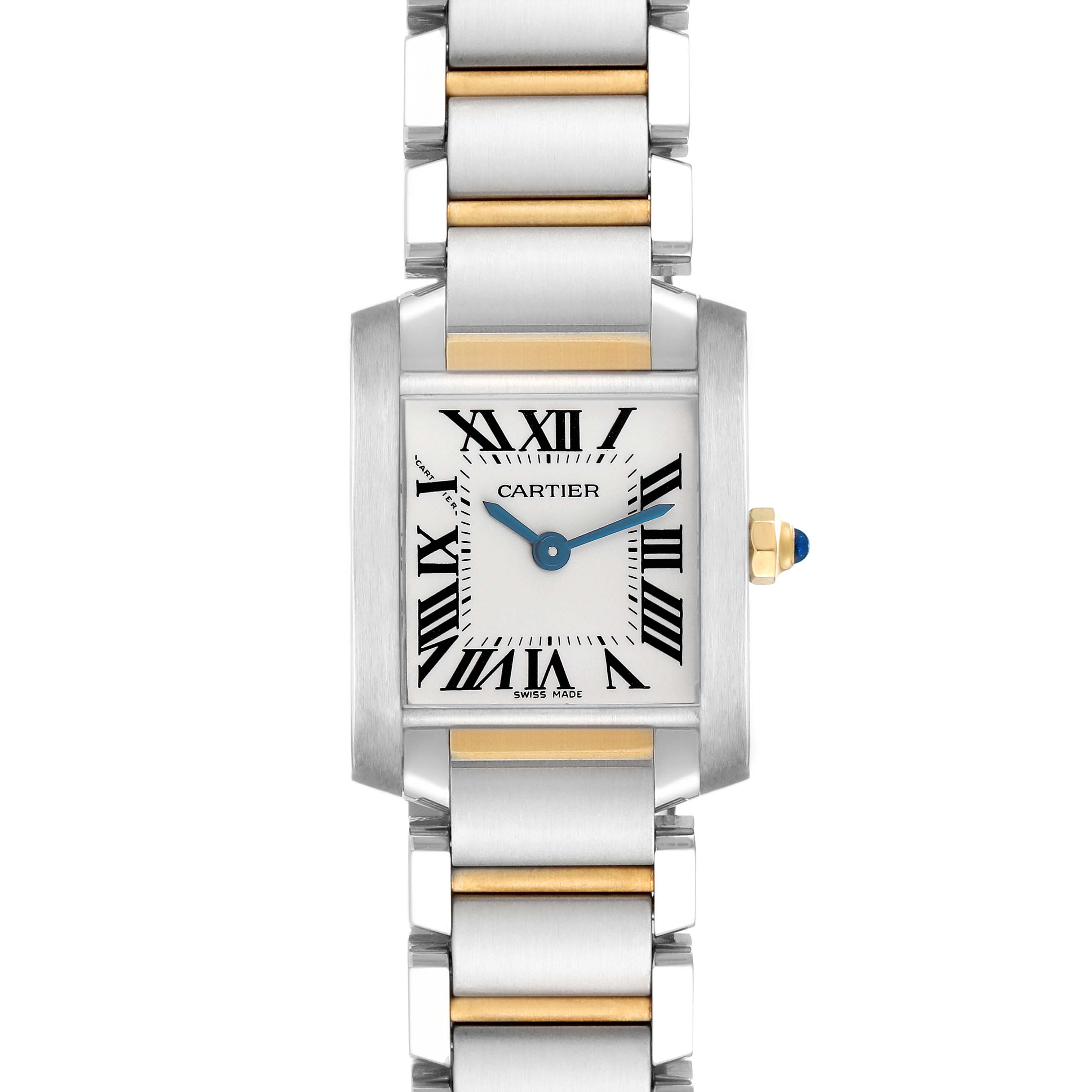The Cartier Tank Française model W51007Q4 is shown from a front angle, highlighting its rectangular face, Roman numerals, and two-tone bracelet.