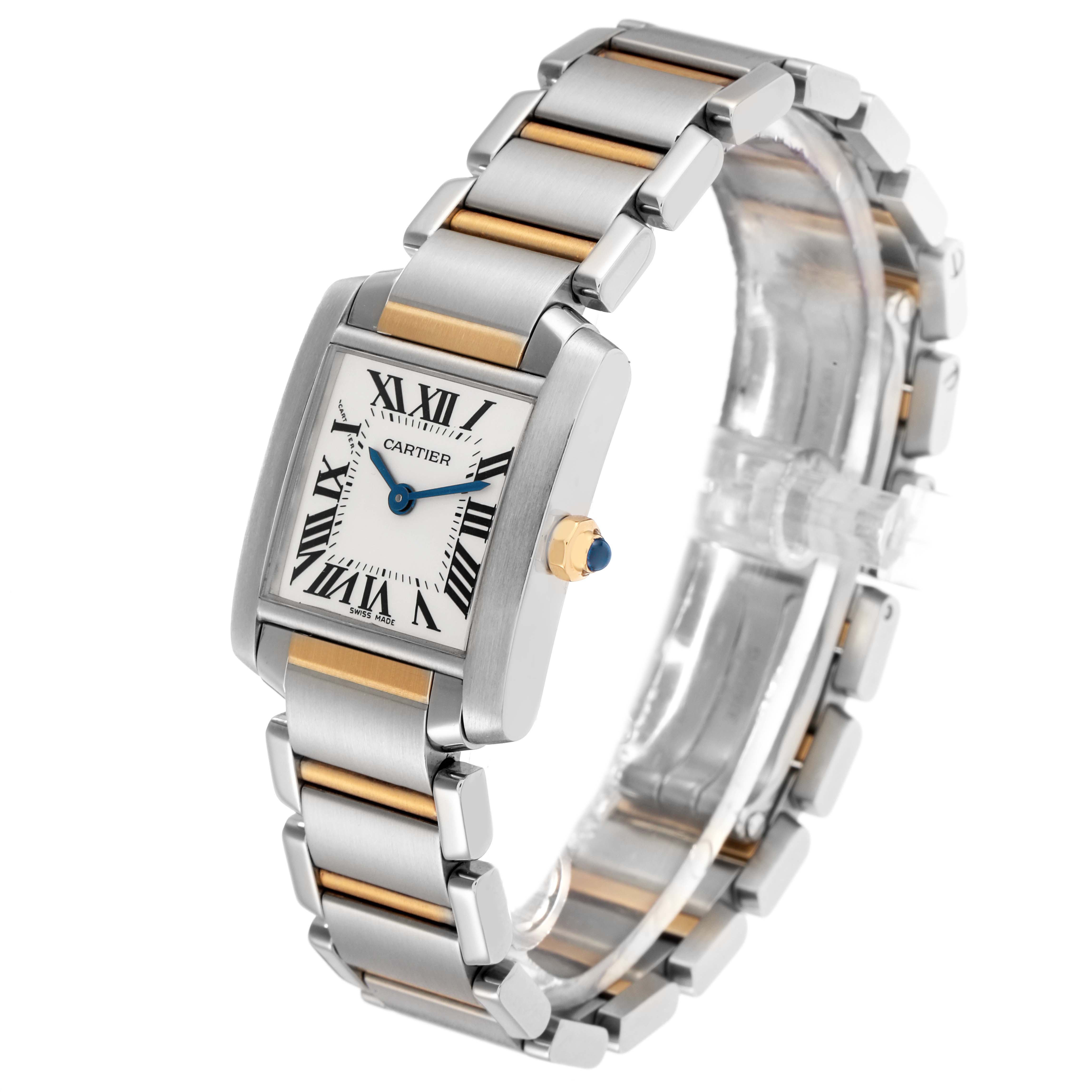 The Cartier Tank Française model W51007Q4 watch is shown at a slight angle, displaying its face, rectangular case, steel and gold bracelet, and crown with a blue cabochon.