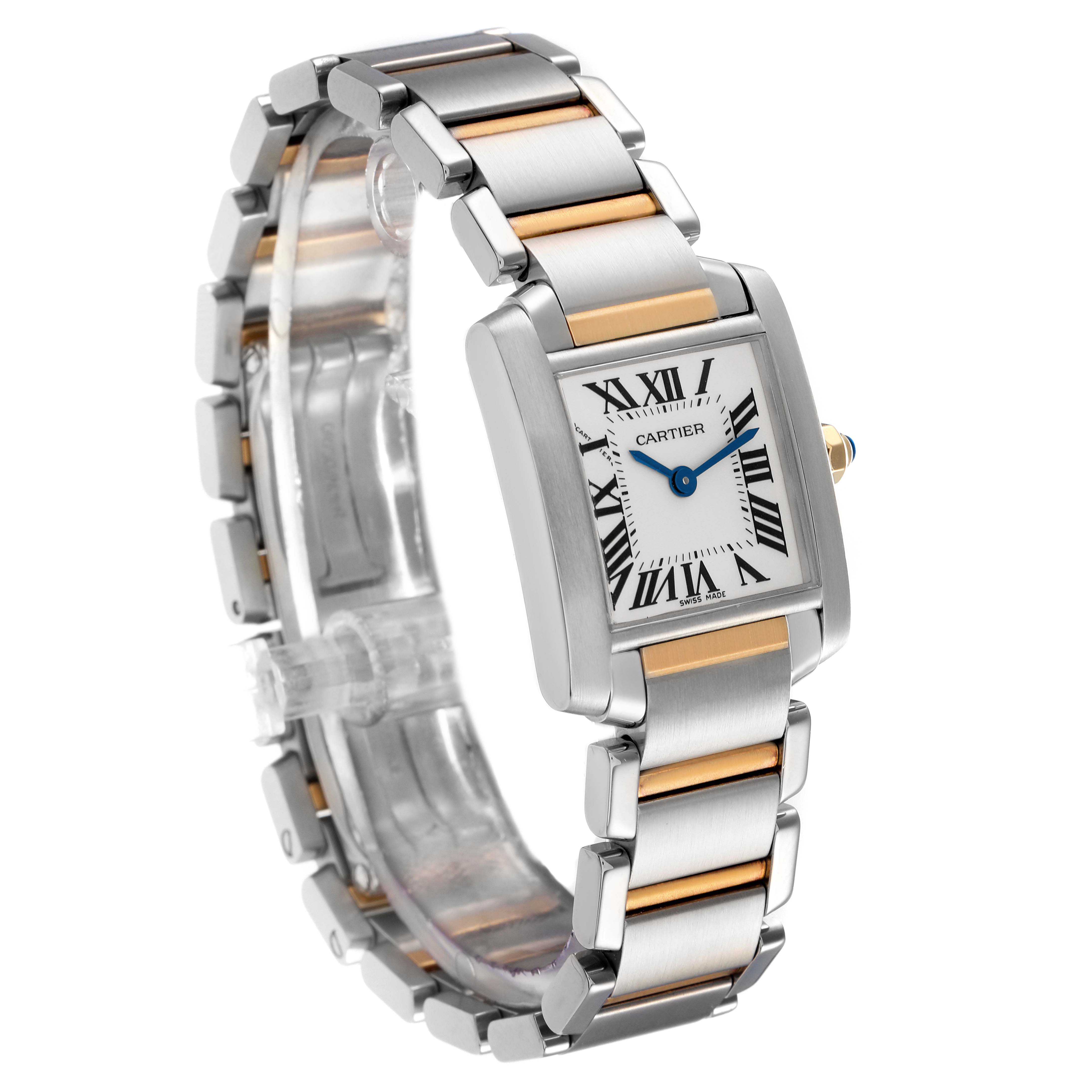 The Cartier Tank Francaise W51007Q4 men's watch is shown from an angled side view, highlighting its rectangular case, Roman numeral dial, and metal bracelet.