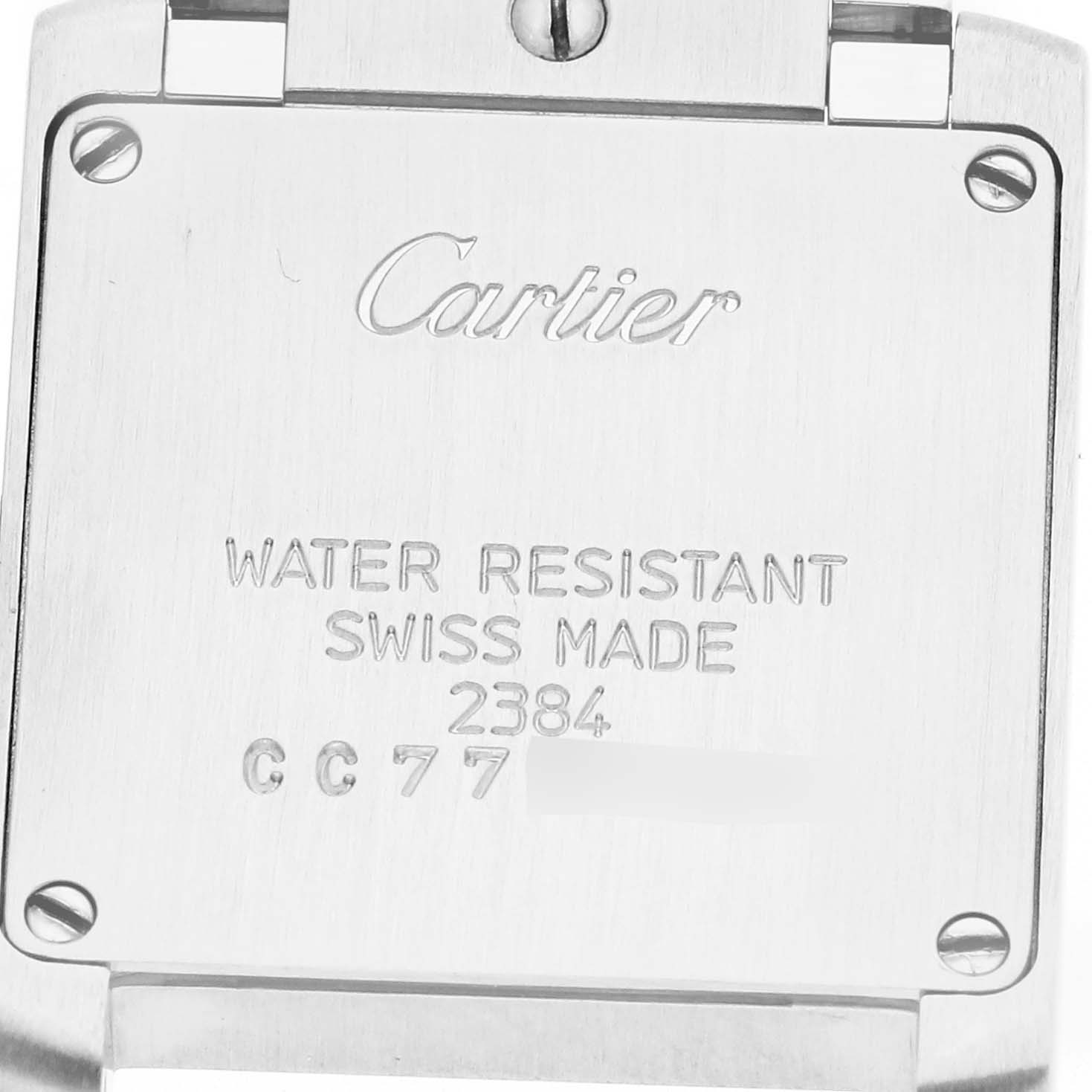 The image shows the back case of a Cartier Tank Francaise men's watch, model number W51007Q4, highlighting its water resistance and being Swiss made.