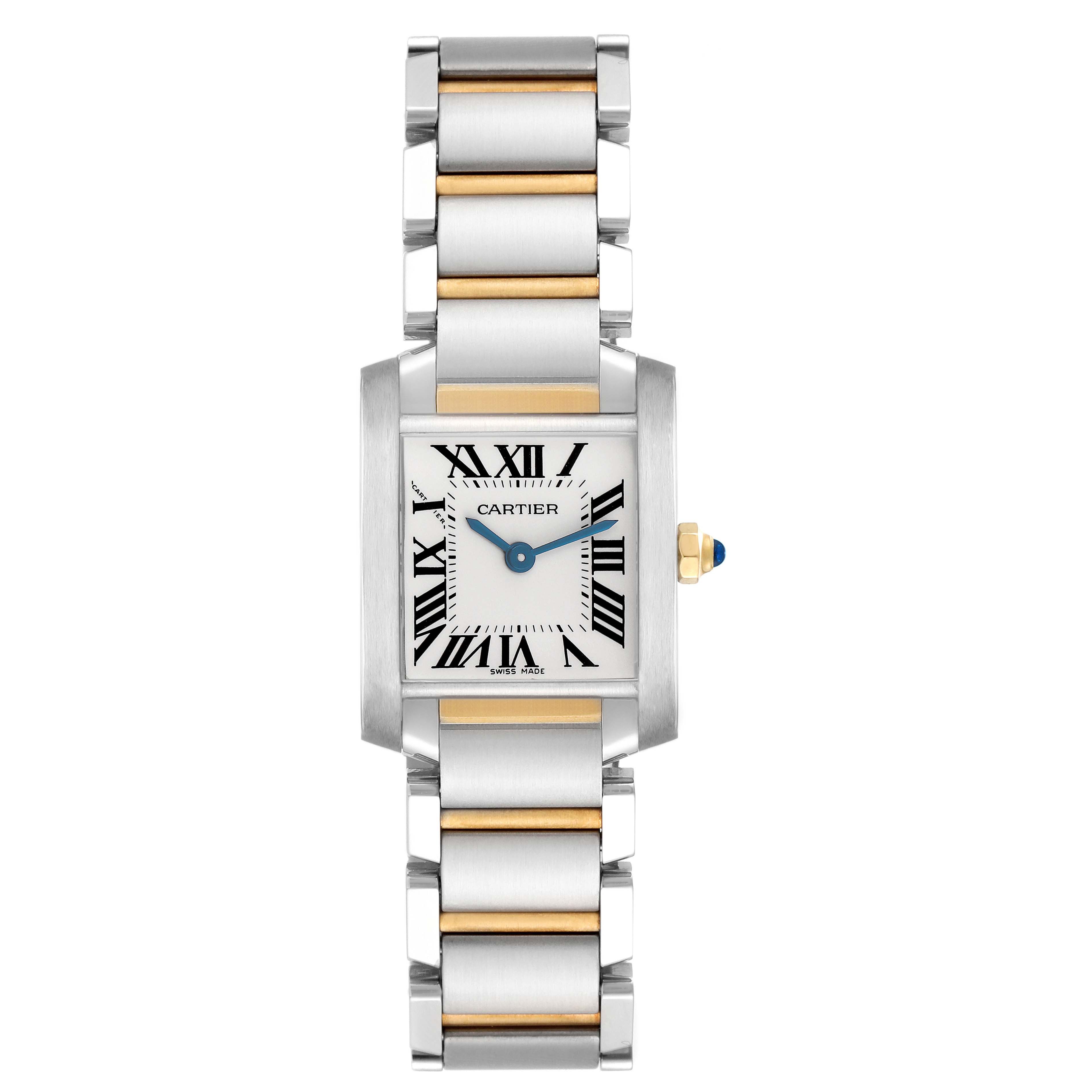The Cartier Tank Française, model W51007Q4, is shown from the front, highlighting the face, Roman numerals, two-tone bracelet, and crown with a blue cabochon.
