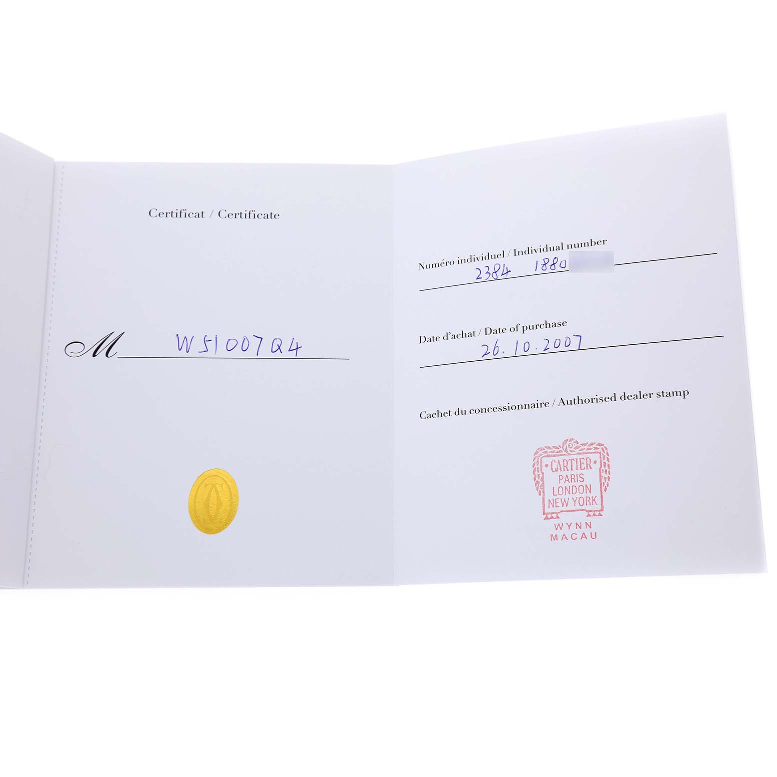 The image shows the warranty certificate for a Cartier Tank Francaise W51007Q4 Women's Stainless Steel Silver Dial watch, including the serial number, purchase date, and dealer stamp.