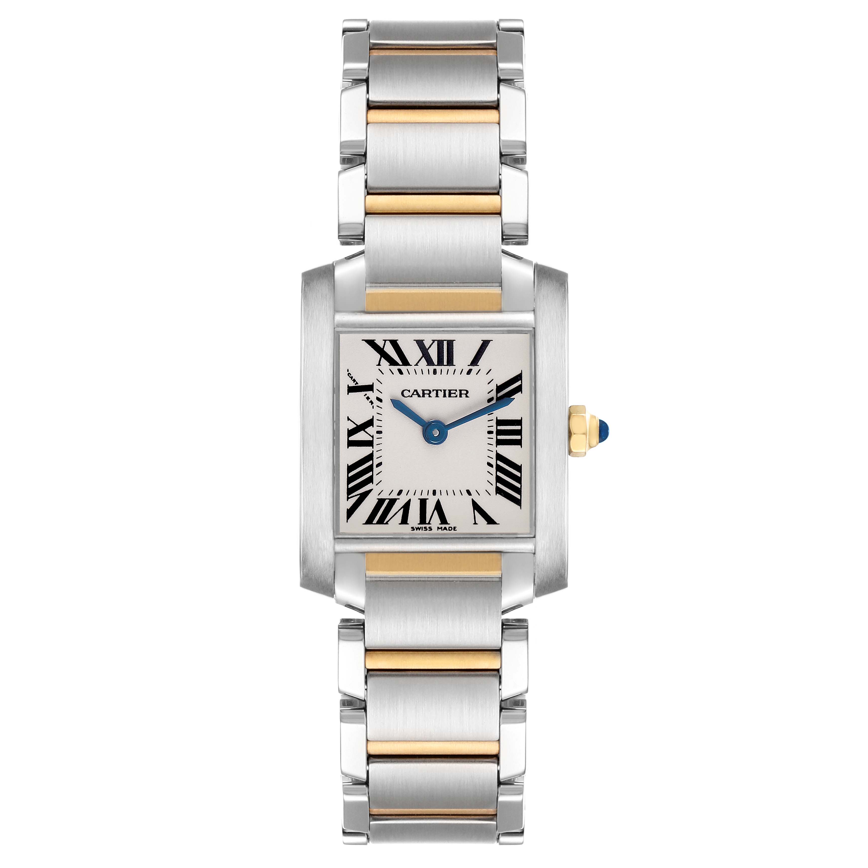 The Cartier Tank Française watch is shown from a top-down angle, displaying its face, bracelet, and crown.
