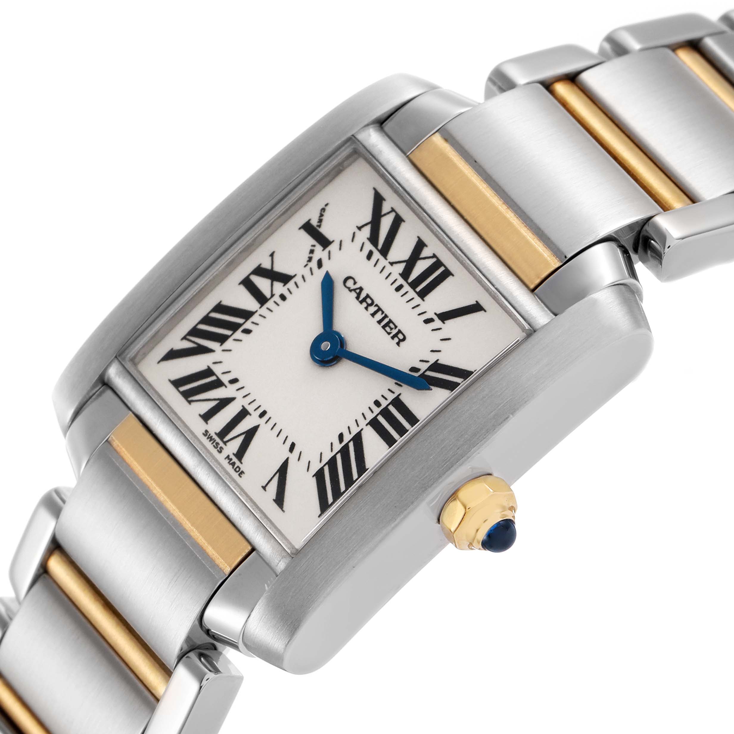 The Cartier Tank Francaise W51007Q4 Women's Stainless Steel Silver Dial watch is shown from a side angle highlighting the dial, crown, and two-tone bracelet.