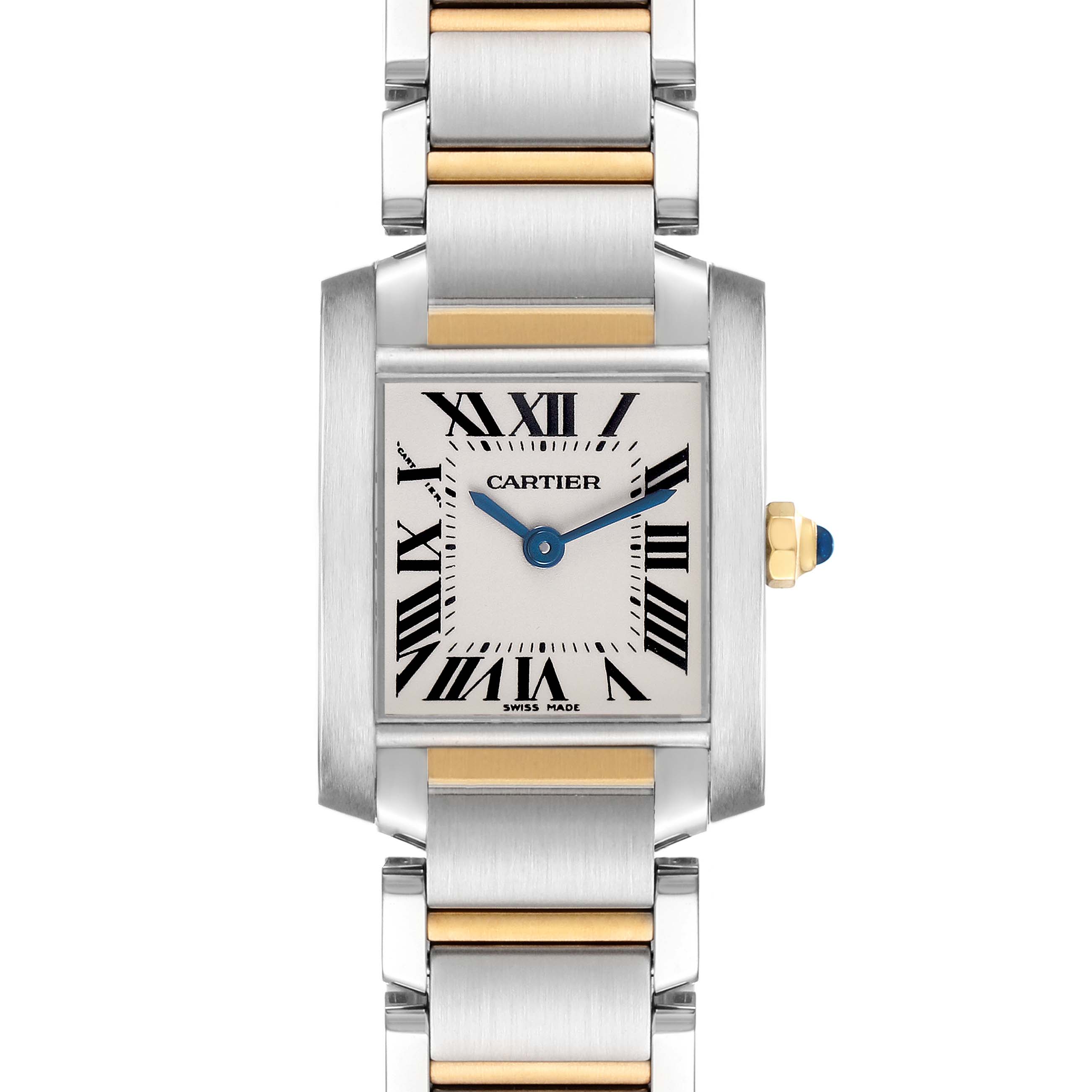 The Cartier Tank Francaise W51007Q4 Women's Stainless Steel Silver Dial watch is shown from a frontal angle, highlighting its rectangular face, Roman numerals, and two-tone bracelet.