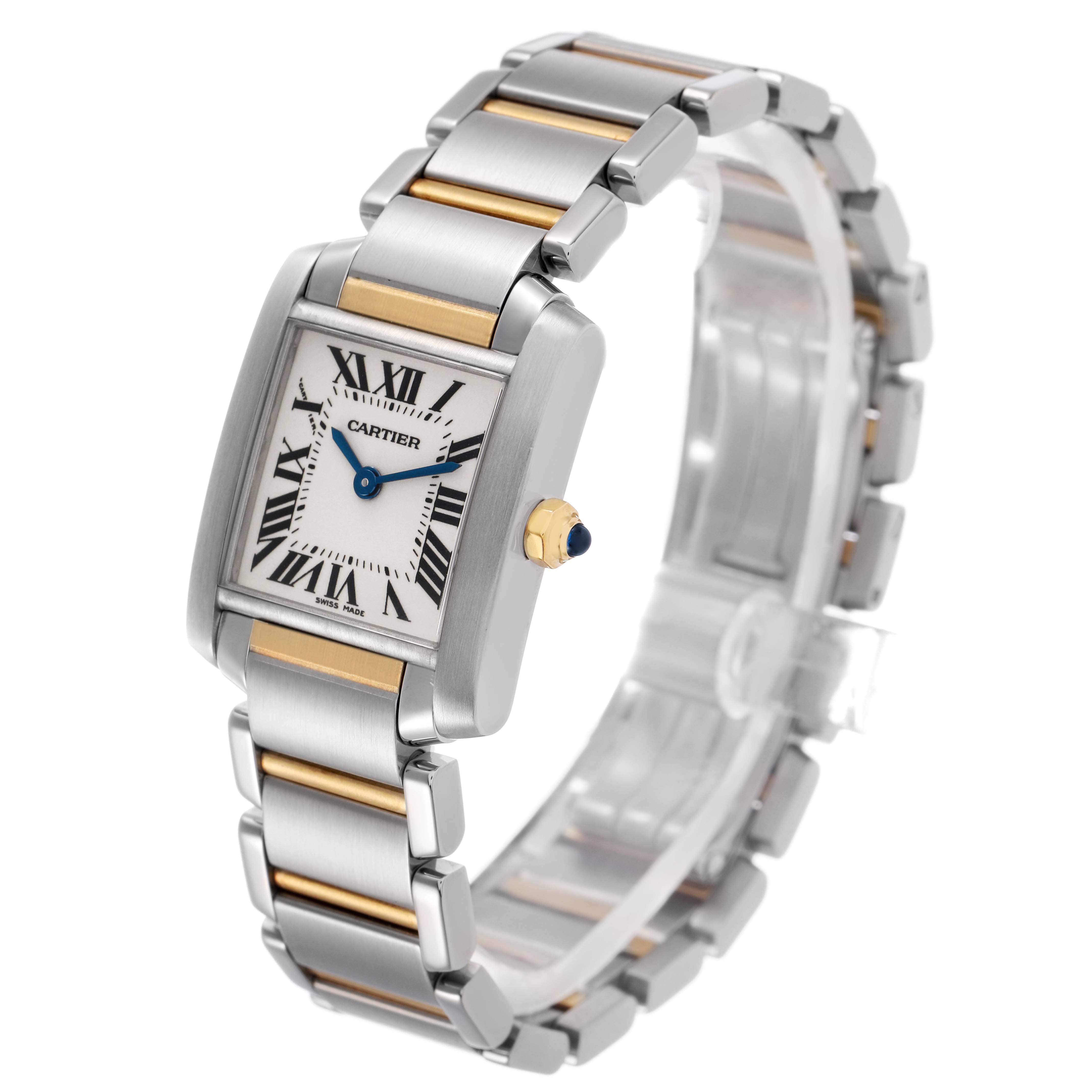 The Cartier Tank Française watch is shown at an angle displaying the face, bezel, crown, and part of the bracelet.