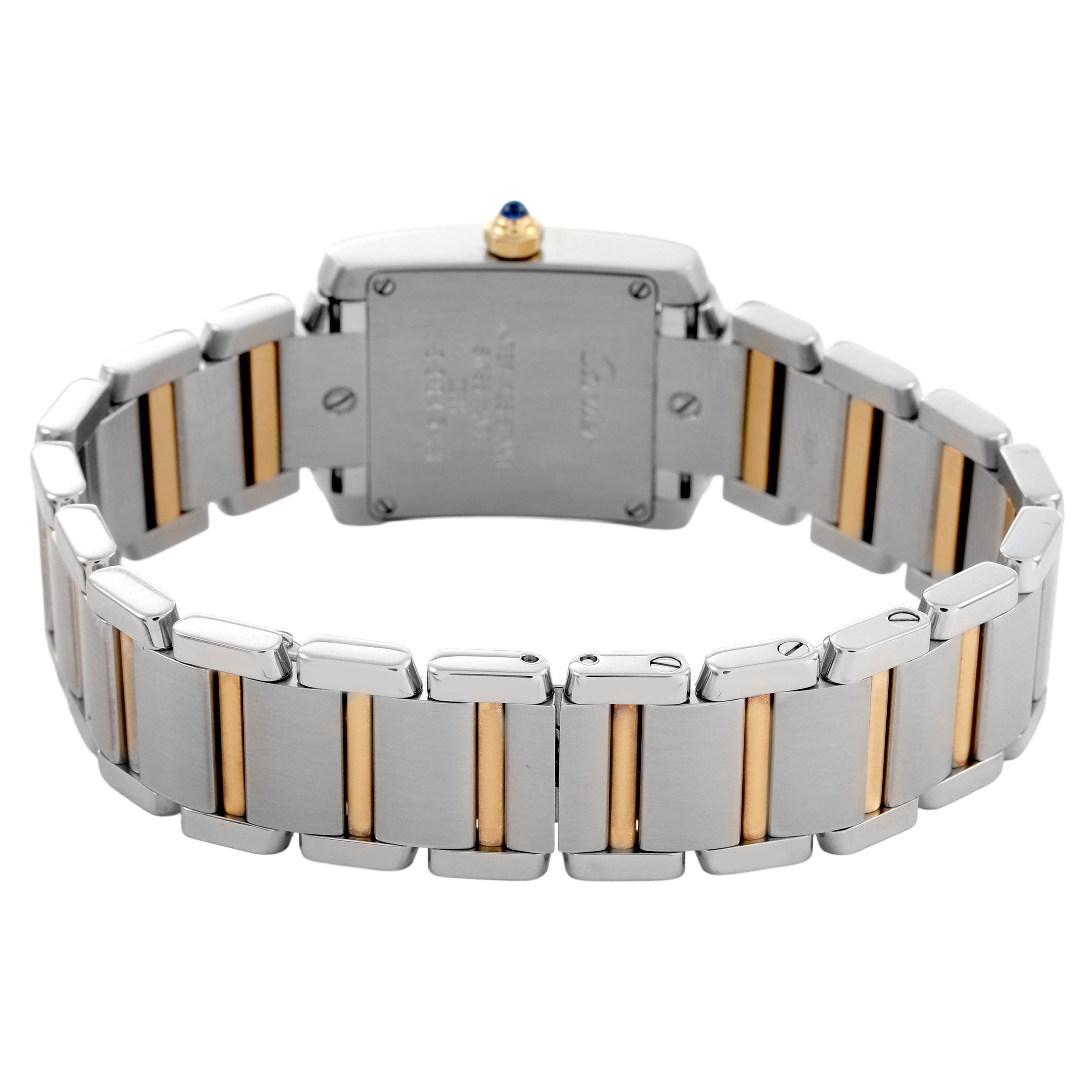 The image shows the back of the Cartier Tank Française watch with its two-tone bracelet and case back.