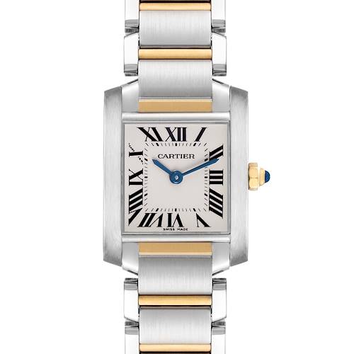 The Cartier Tank Francaise W51007Q4 Women's Stainless Steel Silver Dial watch is shown from a frontal angle, highlighting the dial, bracelet, and crown.