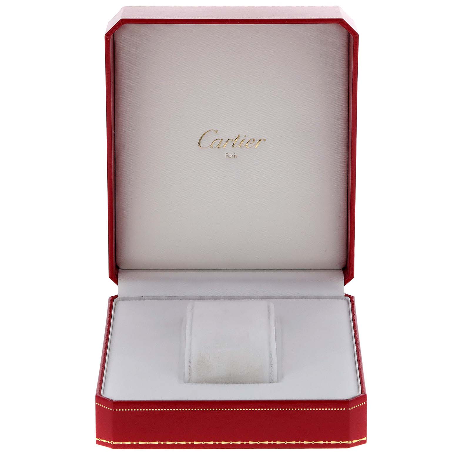 The image shows an open Cartier watch box for the Tank Francaise model, with no watch inside.