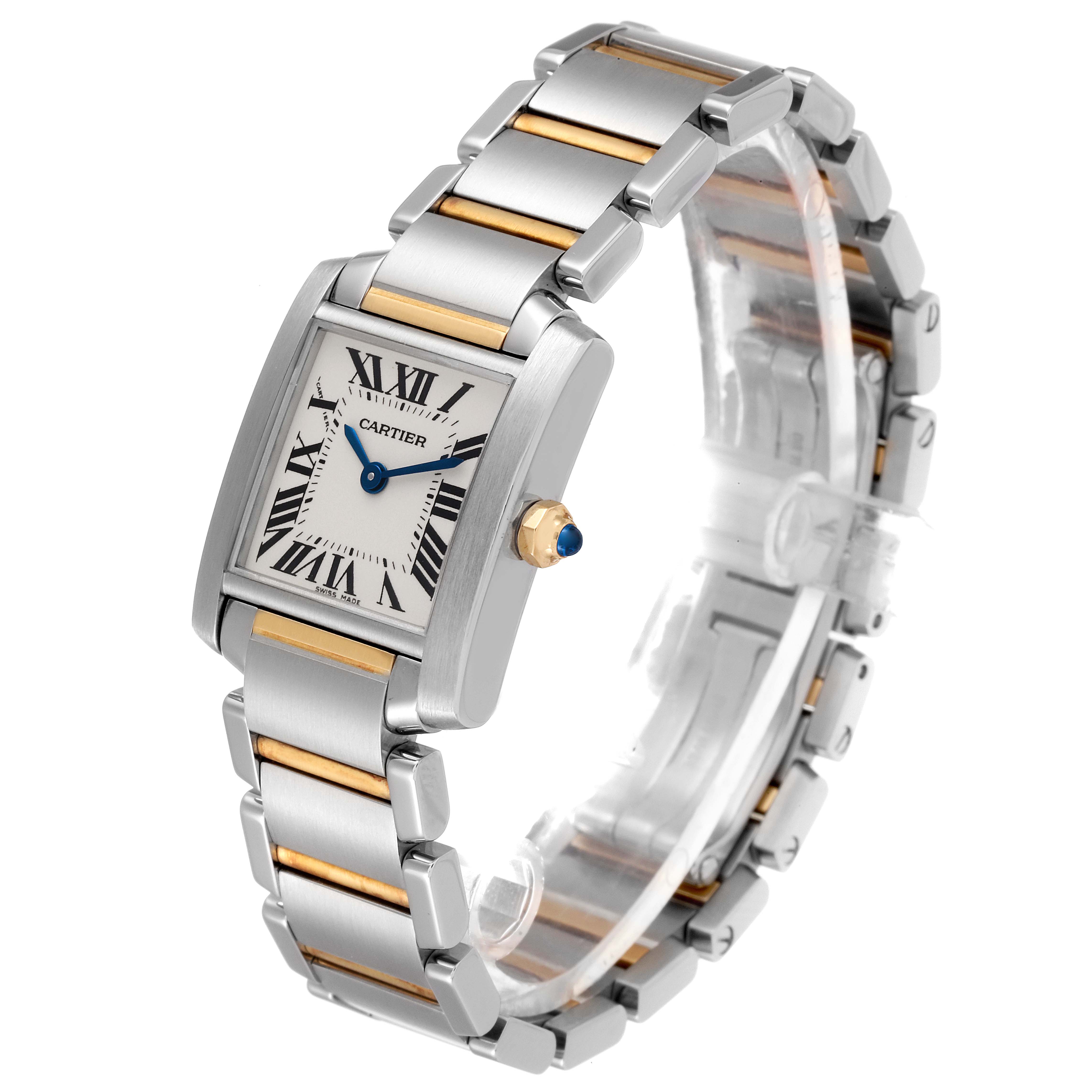 The image shows a Cartier Tank Française model watch at a three-quarter angle, highlighting the dial, bracelet, and crown.