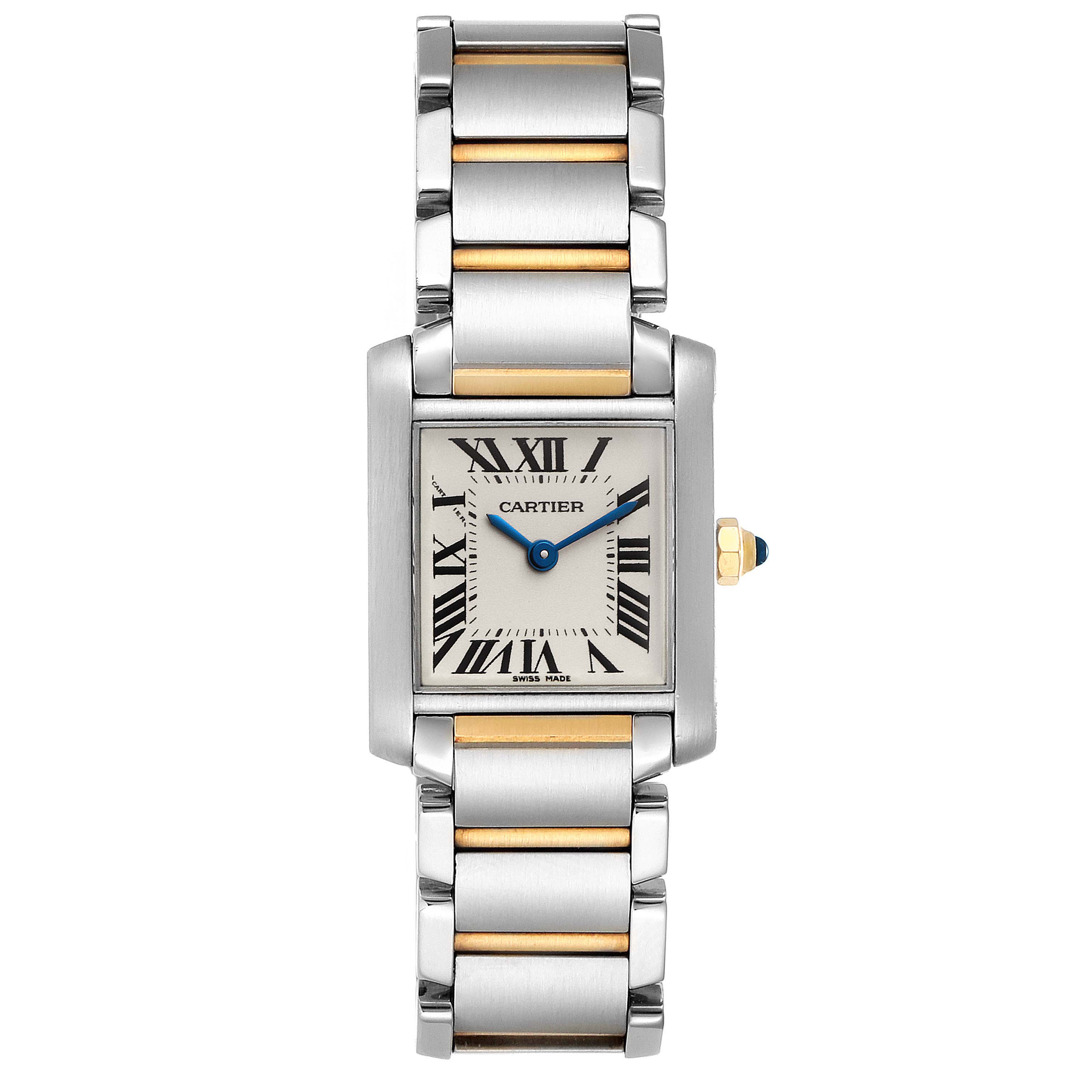 This image shows the Cartier Tank Francaise W51007Q4 Women's Steel and Gold (two tone) Silver Dial W51007Q4 Women's Steel and Gold (two tone) Silver Dial watch from a top-down angle, highlighting its face, bezel, and bracelet.