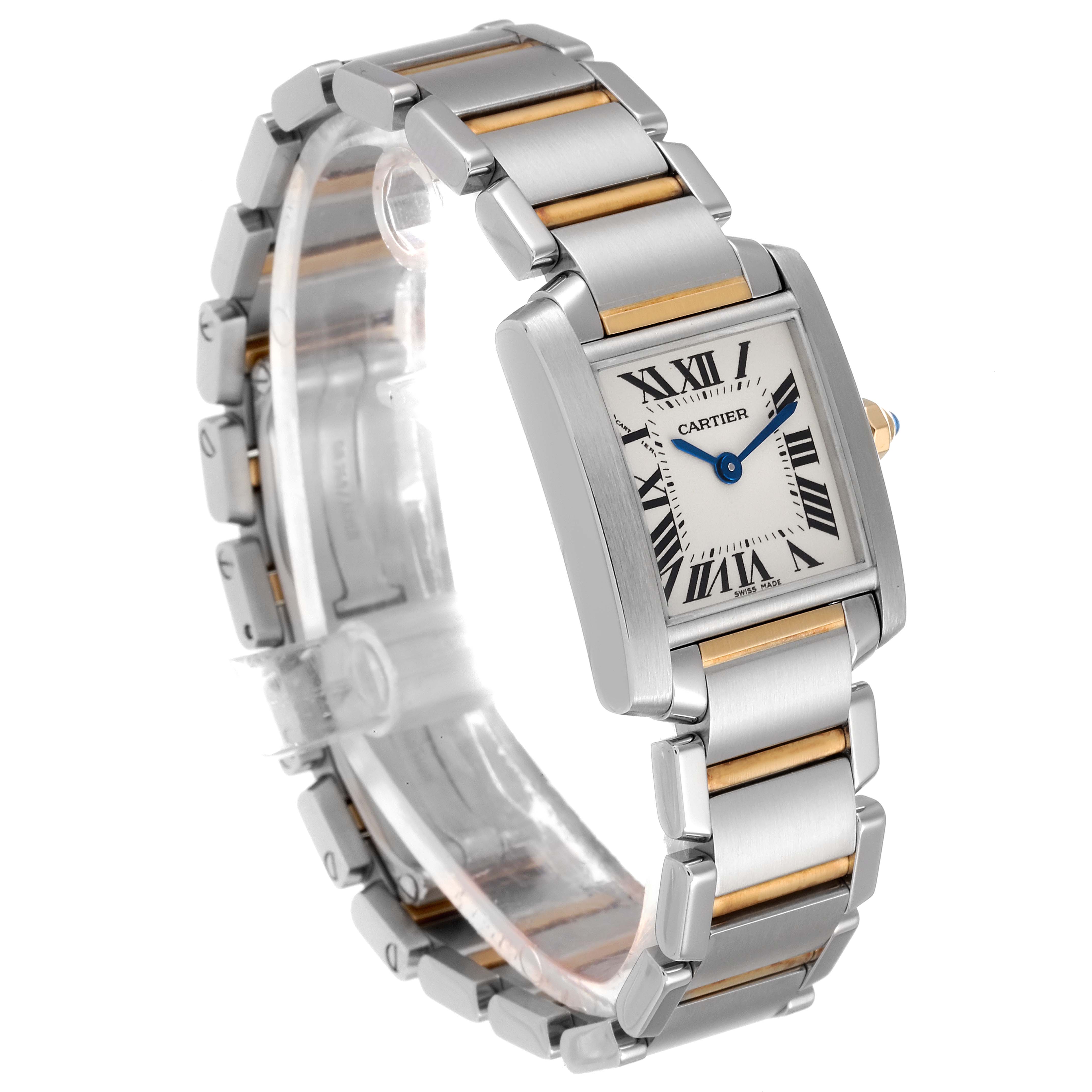 This image shows the Cartier Tank Francaise W51007Q4 Women's Steel and Gold (two tone) Silver Dial W51007Q4 Women's Steel and Gold (two tone) Silver Dial watch from a three-quarter view, highlighting the face and metal bracelet.