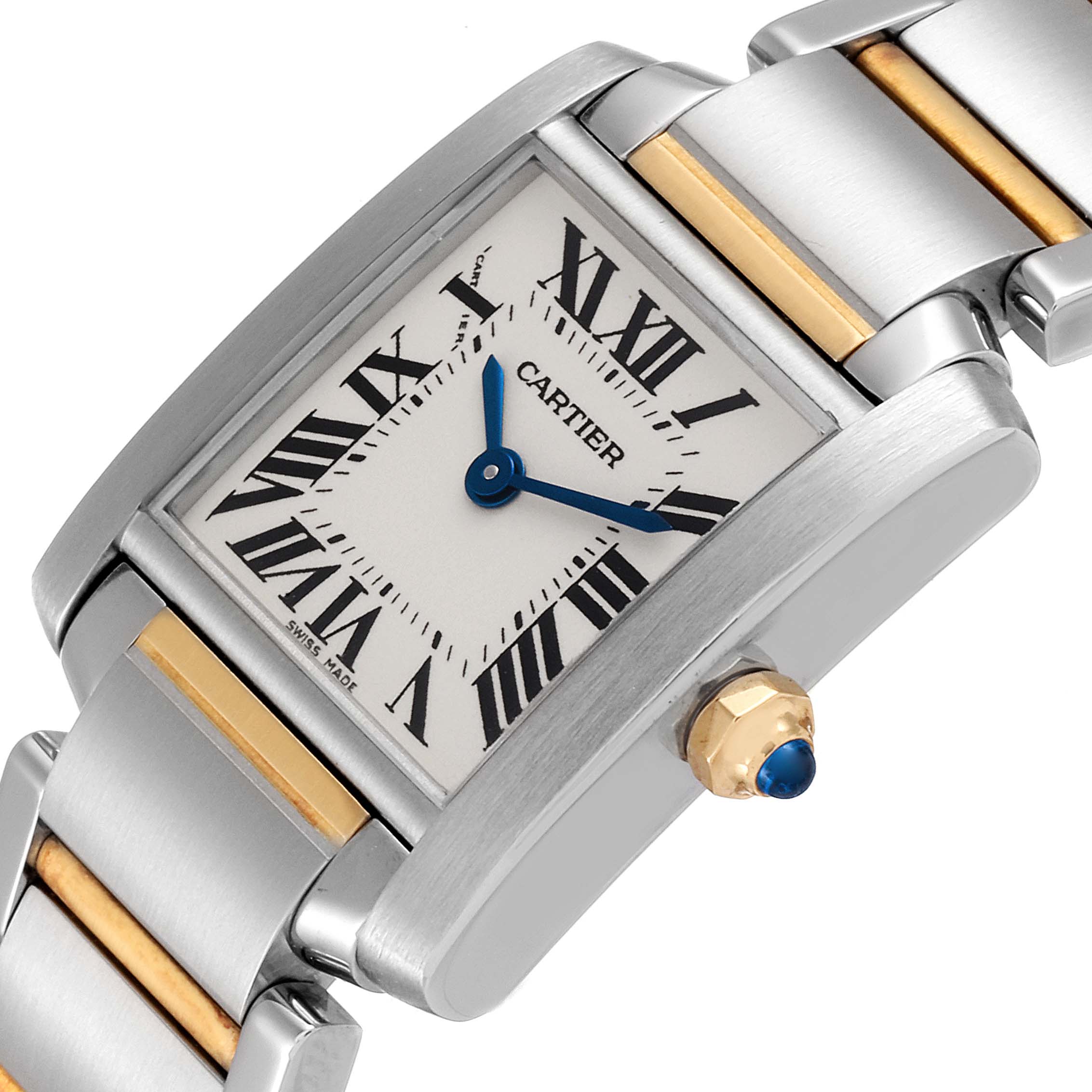 The image shows a Cartier Tank Française watch from a slight angle, highlighting its face, crown, and part of the bracelet.