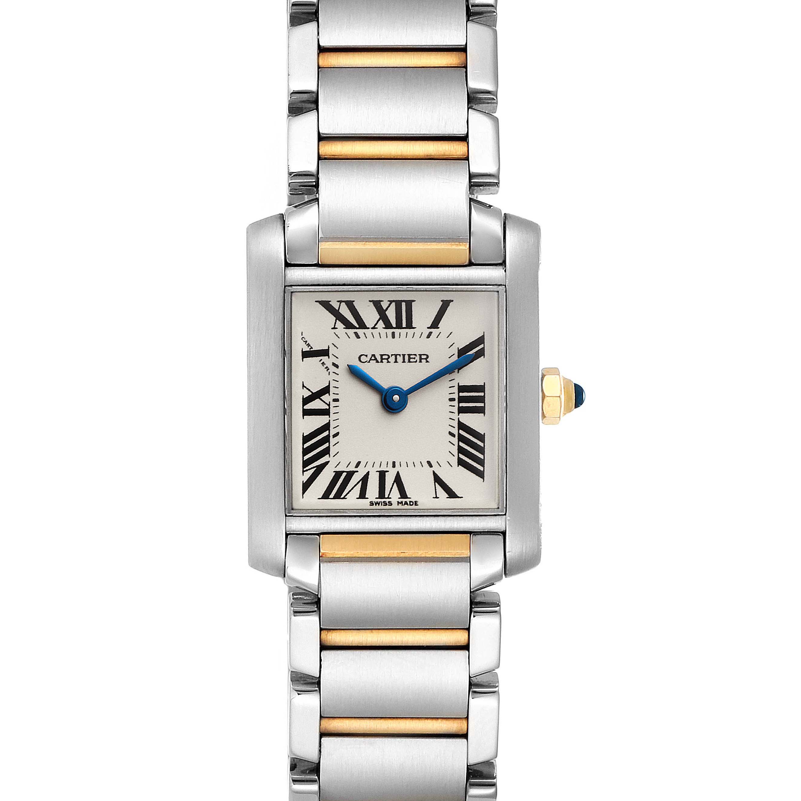 This image shows a front view of the Cartier Tank Francaise W51007Q4 Women's Steel and Gold (two tone) Silver Dial W51007Q4 Women's Steel and Gold (two tone) Silver Dial watch, displaying the face, bezel, and bracelet.