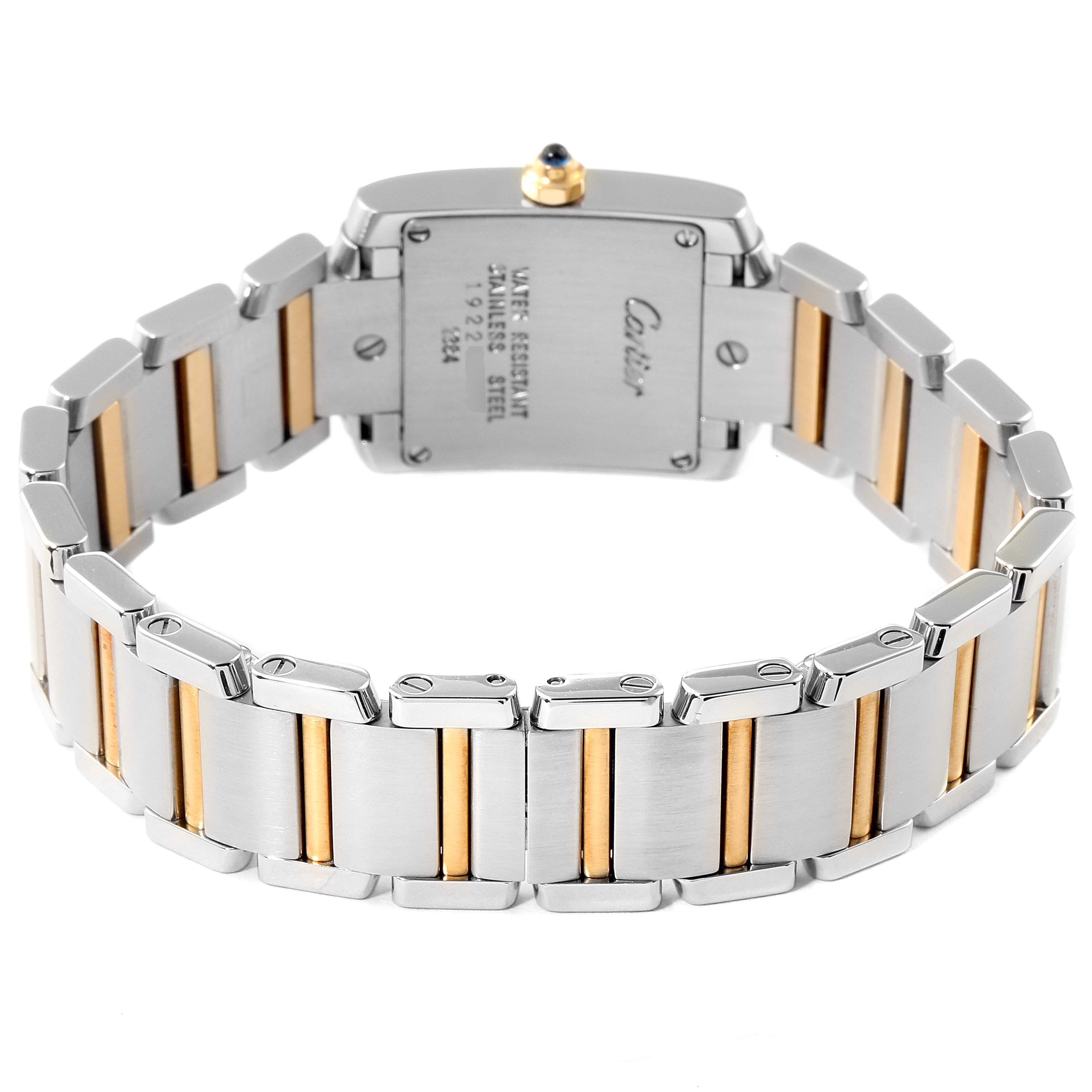 This image shows the back and bracelet of a Cartier Tank Francaise W51007Q4 Women's Steel and Gold (two tone) Silver Dial W51007Q4 Women's Steel and Gold (two tone) Silver Dial watch, highlighting its two-tone stainless steel and gold design.