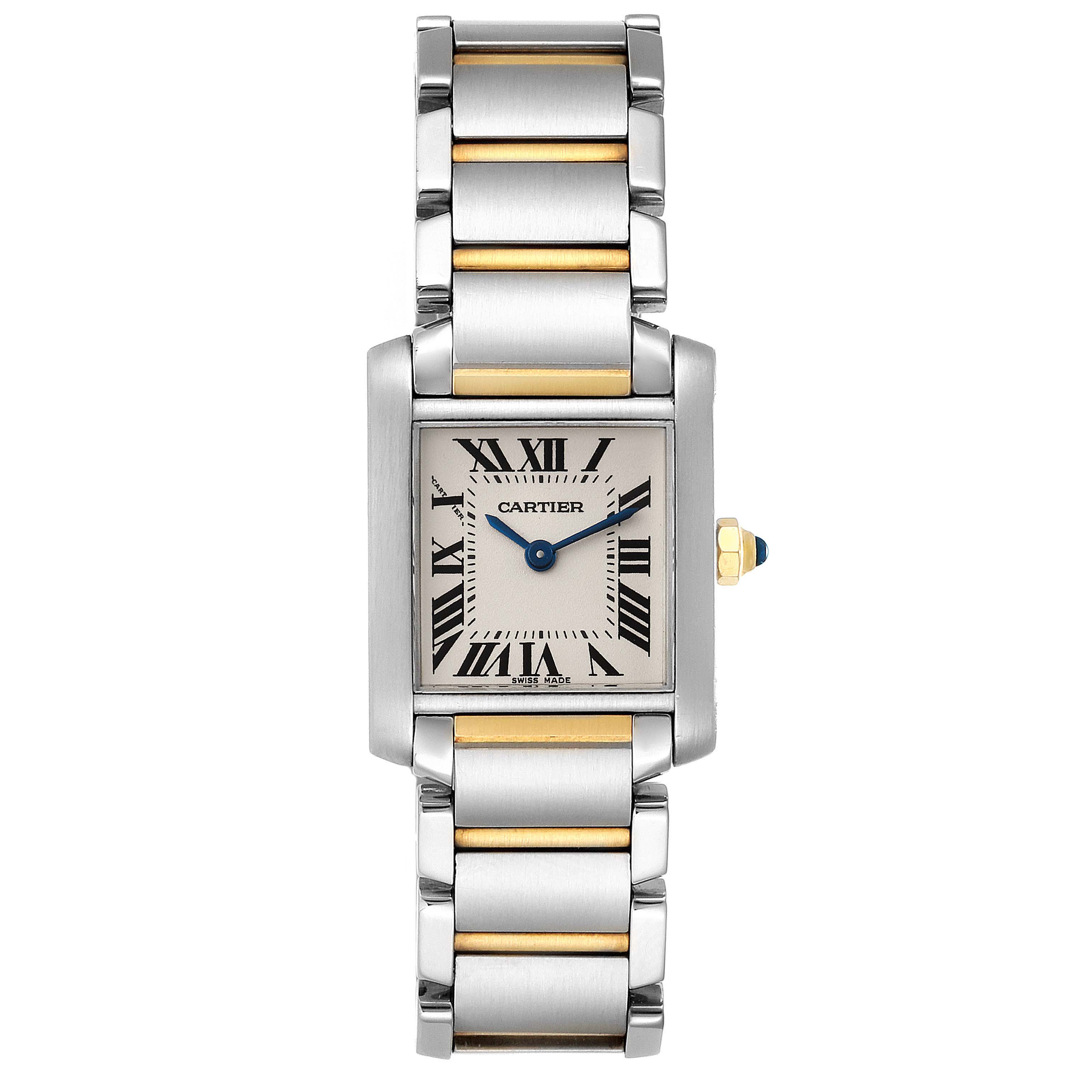 This image shows a front view of a Cartier Tank Francaise W51007Q4 Women's Steel and Gold (two tone) Silver Dial W51007Q4 Women's Steel and Gold (two tone) Silver Dial watch, highlighting its face, band, and crown.