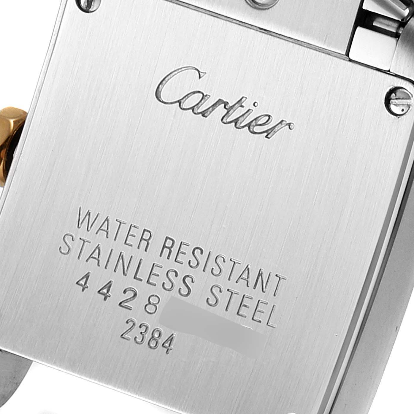 The image shows the back case of a Cartier Tank Francaise W51007Q4 Women's Steel and Gold (two tone) Silver Dial W51007Q4 Women's Steel and Gold (two tone) Silver Dial watch, displaying the brand name and specifications.