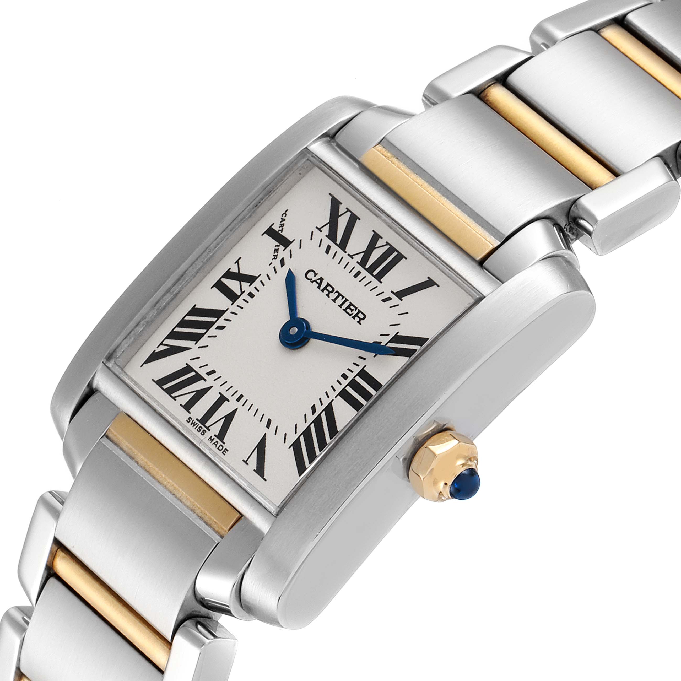 The image shows a close-up angled view of the Cartier Tank Française watch face and part of the bracelet.