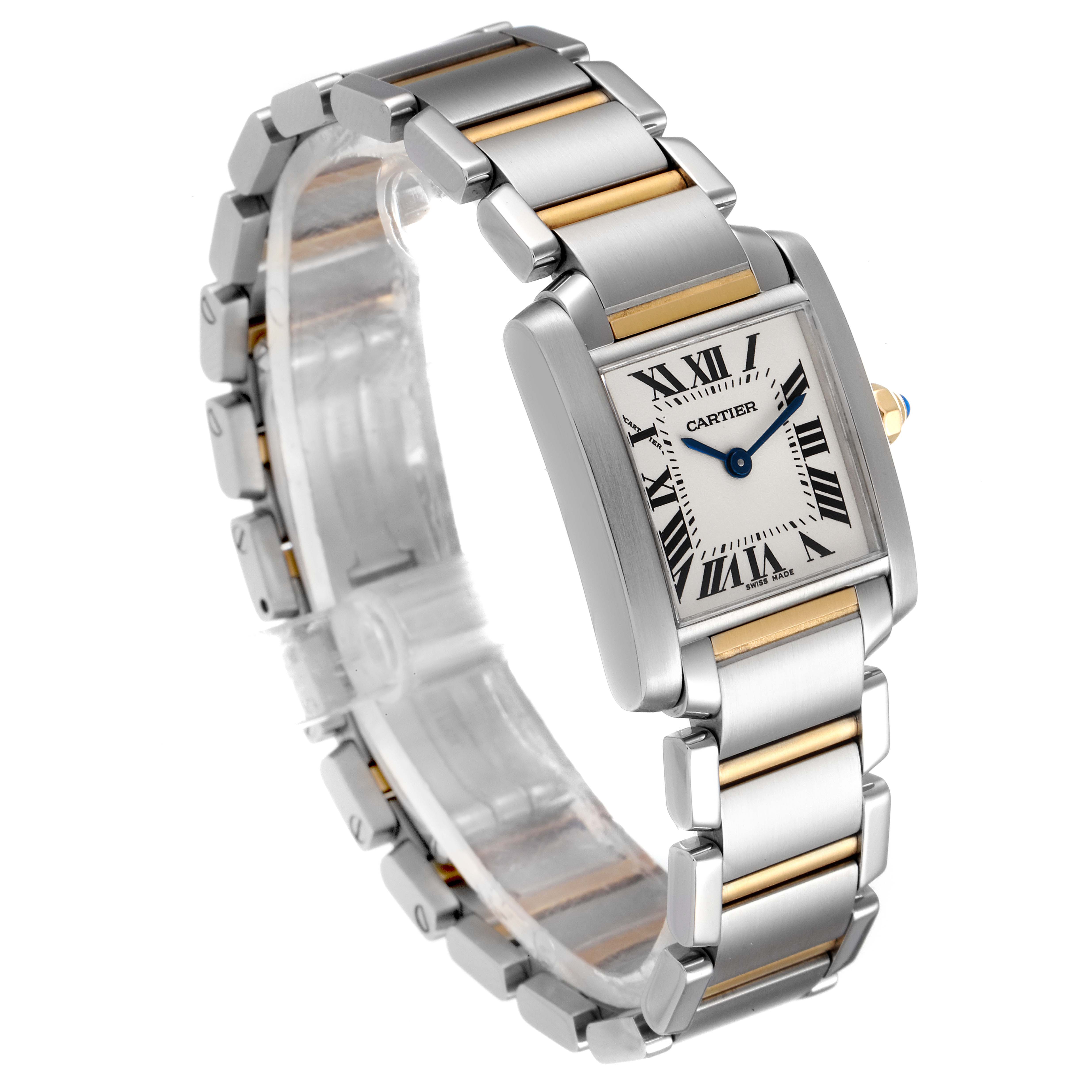 The Cartier Tank Francaise W51007Q4 Women's Steel and Gold (two tone) Silver Dial W51007Q4 Women's Steel and Gold (two tone) Silver Dial watch is shown at an angled view, displaying the face, band, and buckle.