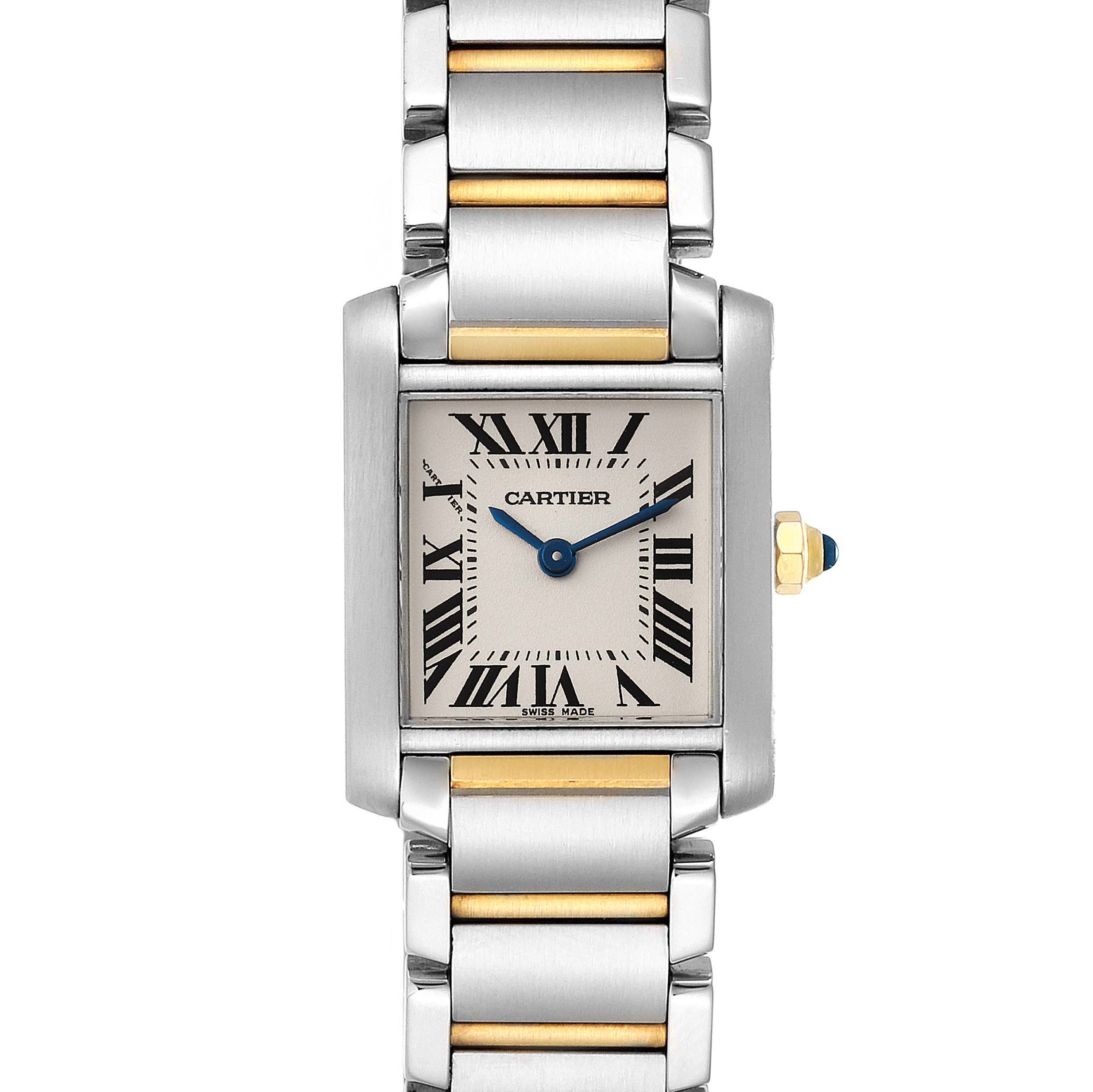The Cartier Tank Francaise W51007Q4 Women's Steel and Gold (two tone) Silver Dial W51007Q4 Women's Steel and Gold (two tone) Silver Dial watch is shown from a top-down angle, displaying the face, bracelet, and crown.