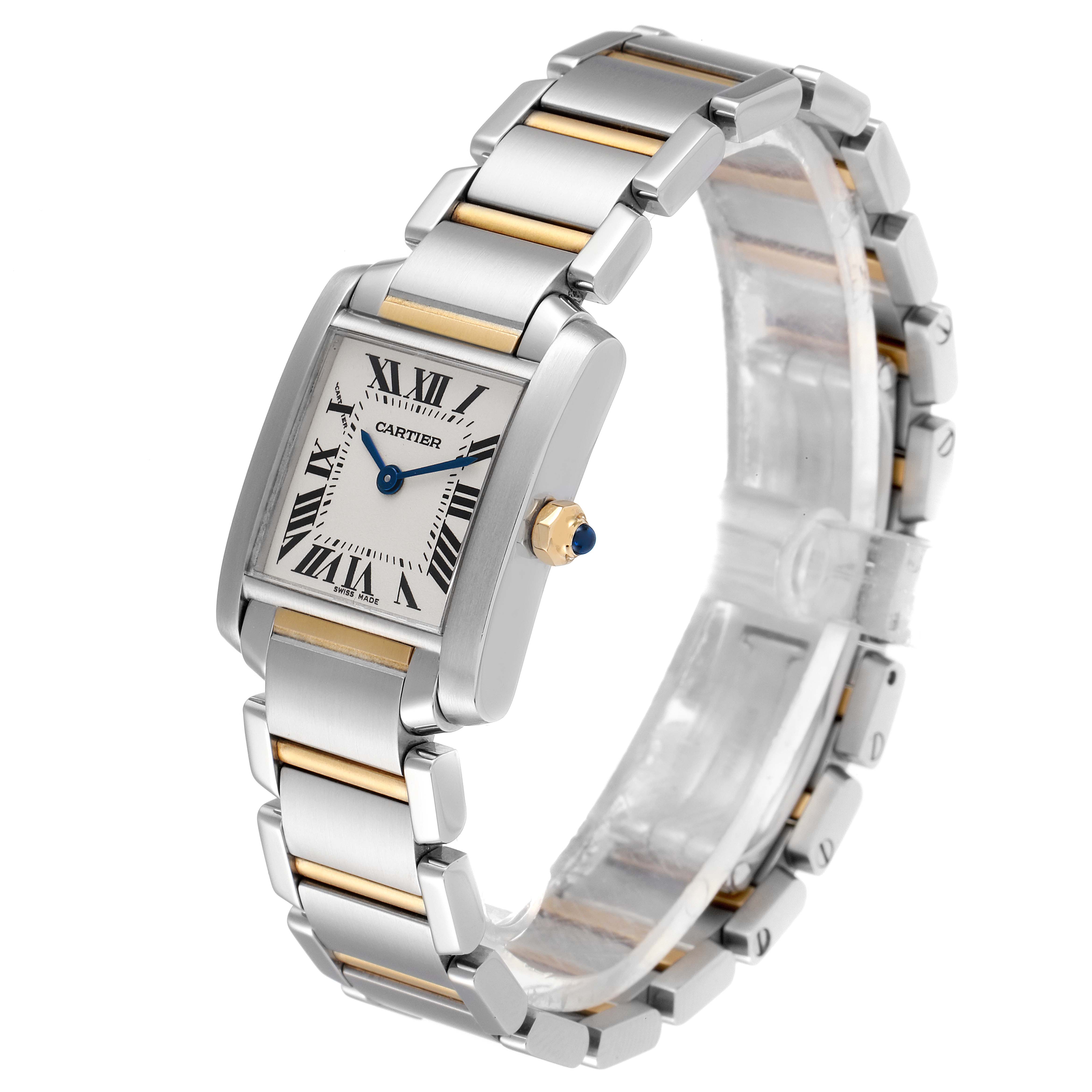 The image shows a Cartier Tank Francaise W51007Q4 Women's Steel and Gold (two tone) Silver Dial W51007Q4 Women's Steel and Gold (two tone) Silver Dial watch from a front angle, highlighting its face, bracelet, and crown.