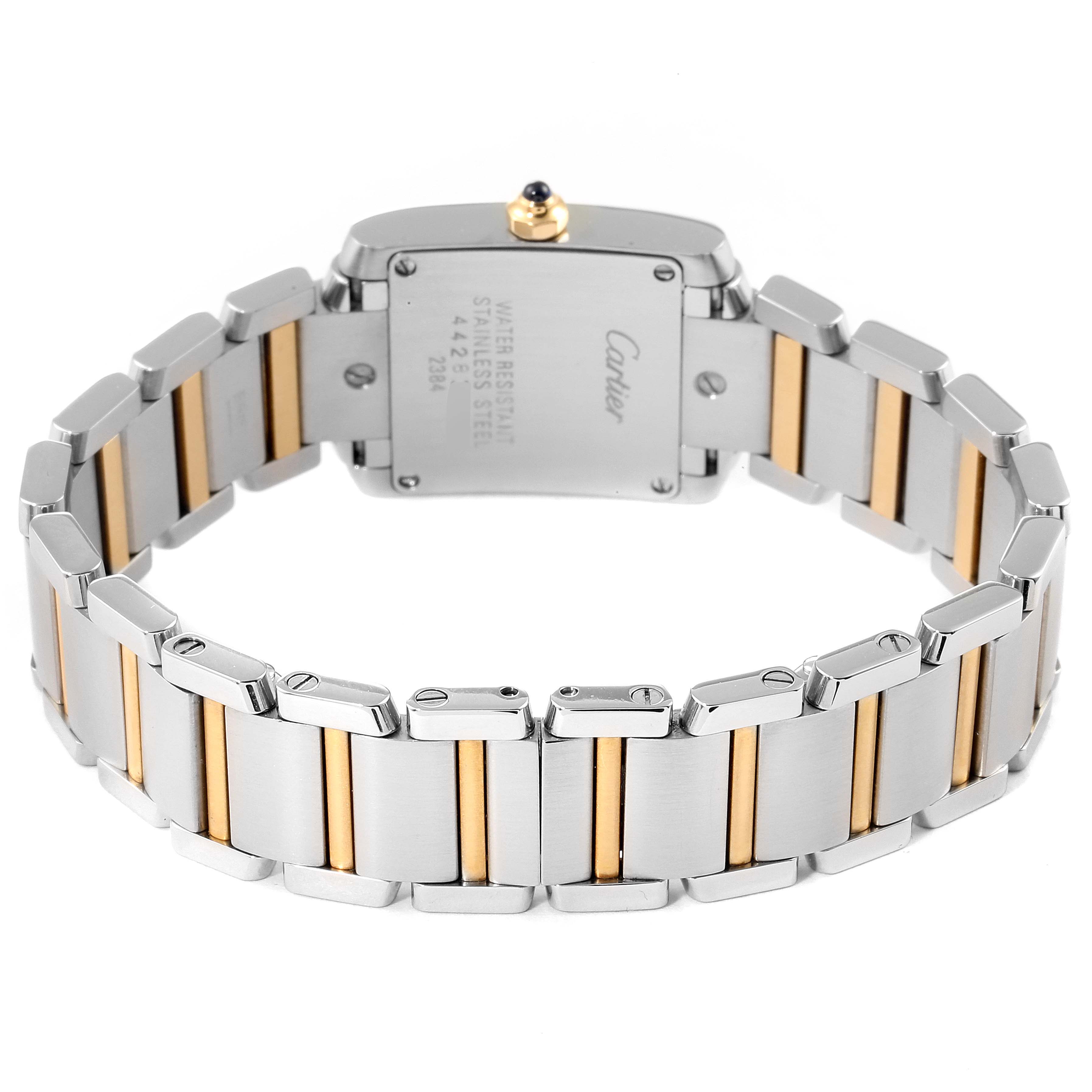 This image shows the back and bracelet of a Cartier Tank Francaise W51007Q4 Women's Steel and Gold (two tone) Silver Dial W51007Q4 Women's Steel and Gold (two tone) Silver Dial watch at a straight-on angle.