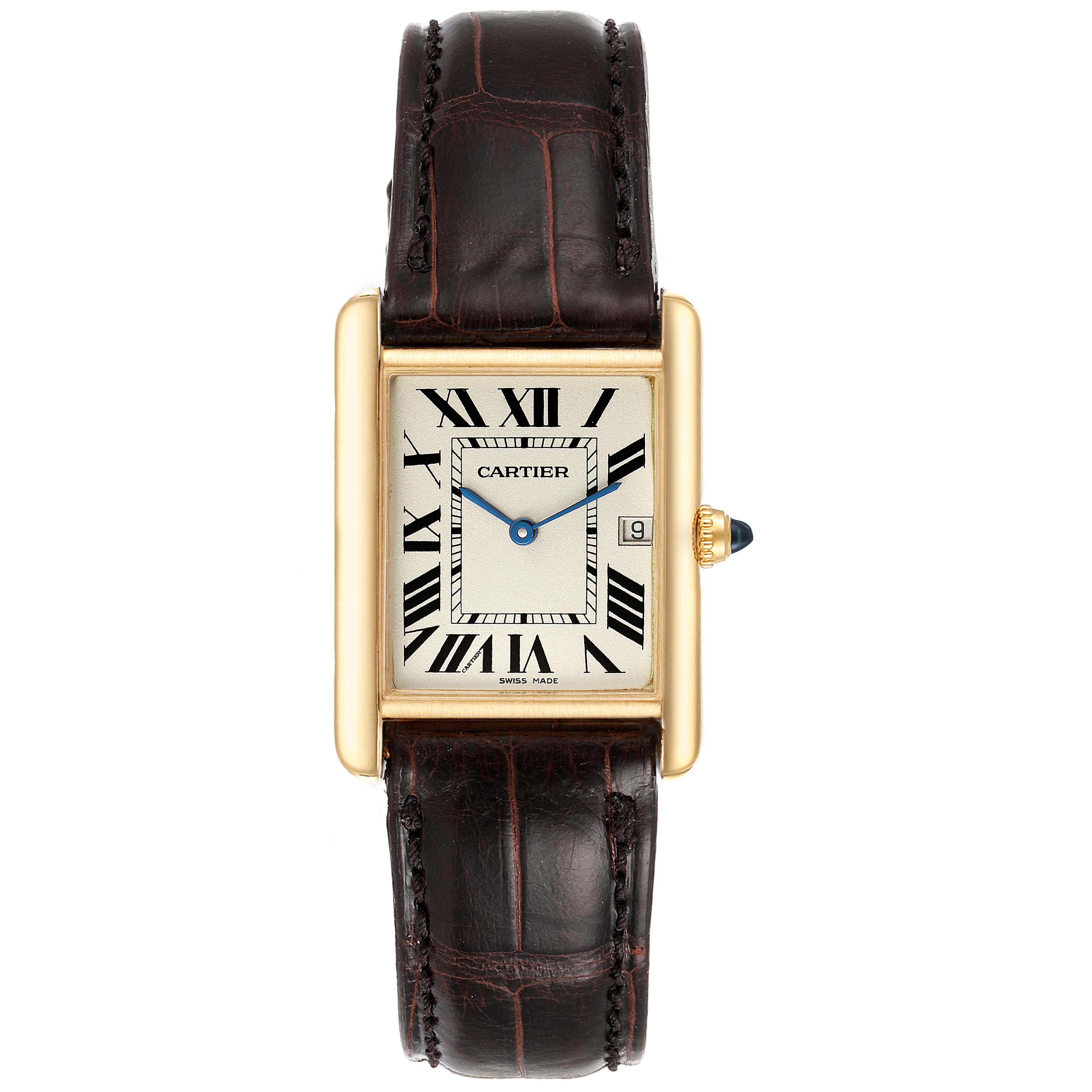 This is a front view of the Cartier Tank Louis W1529756 Men
s Yellow Gold Silver Dial W1529756 Men
s Yellow Gold Silver Dial watch, showing the face, Roman numerals, hands, casing, and leather strap.