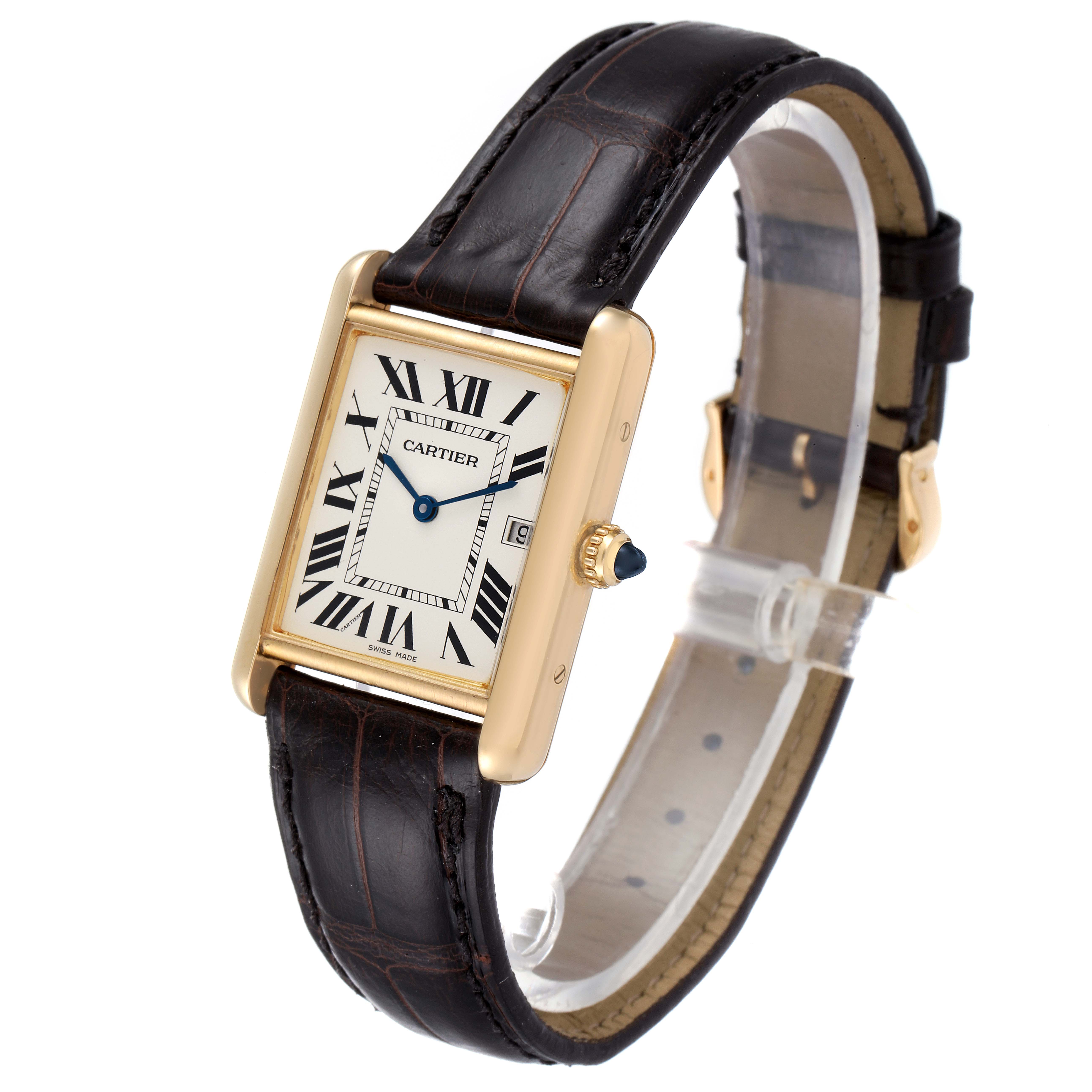 The image shows a Cartier Tank Louis W1529756 Men
s Yellow Gold Silver Dial W1529756 Men
s Yellow Gold Silver Dial watch at a three-quarter angle, highlighting the face, leather strap, and gold case.