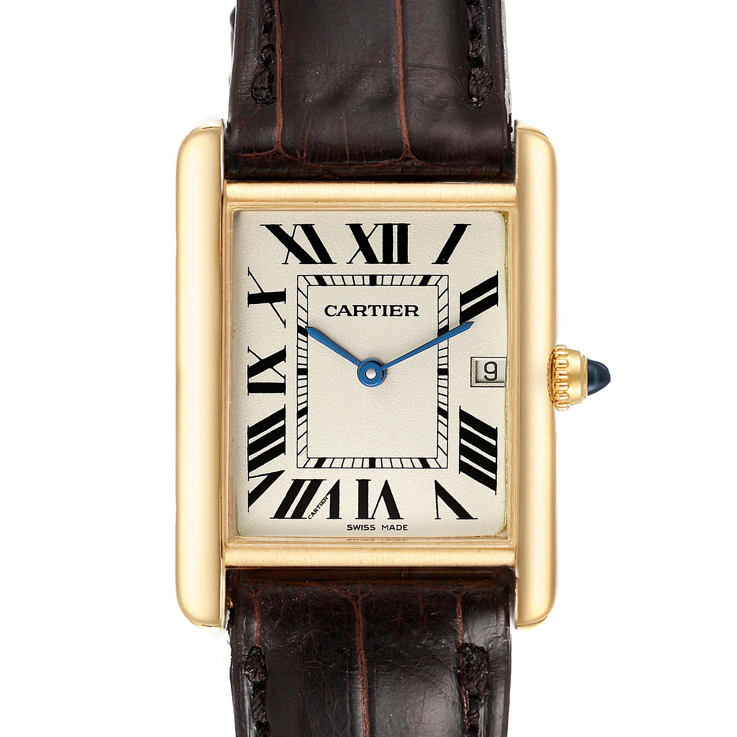 This Cartier Tank Louis W1529756 Men
s Yellow Gold Silver Dial W1529756 Men
s Yellow Gold Silver Dial watch is shown from a front angle, highlighting its rectangular dial, Roman numerals, leather strap, and crown.
