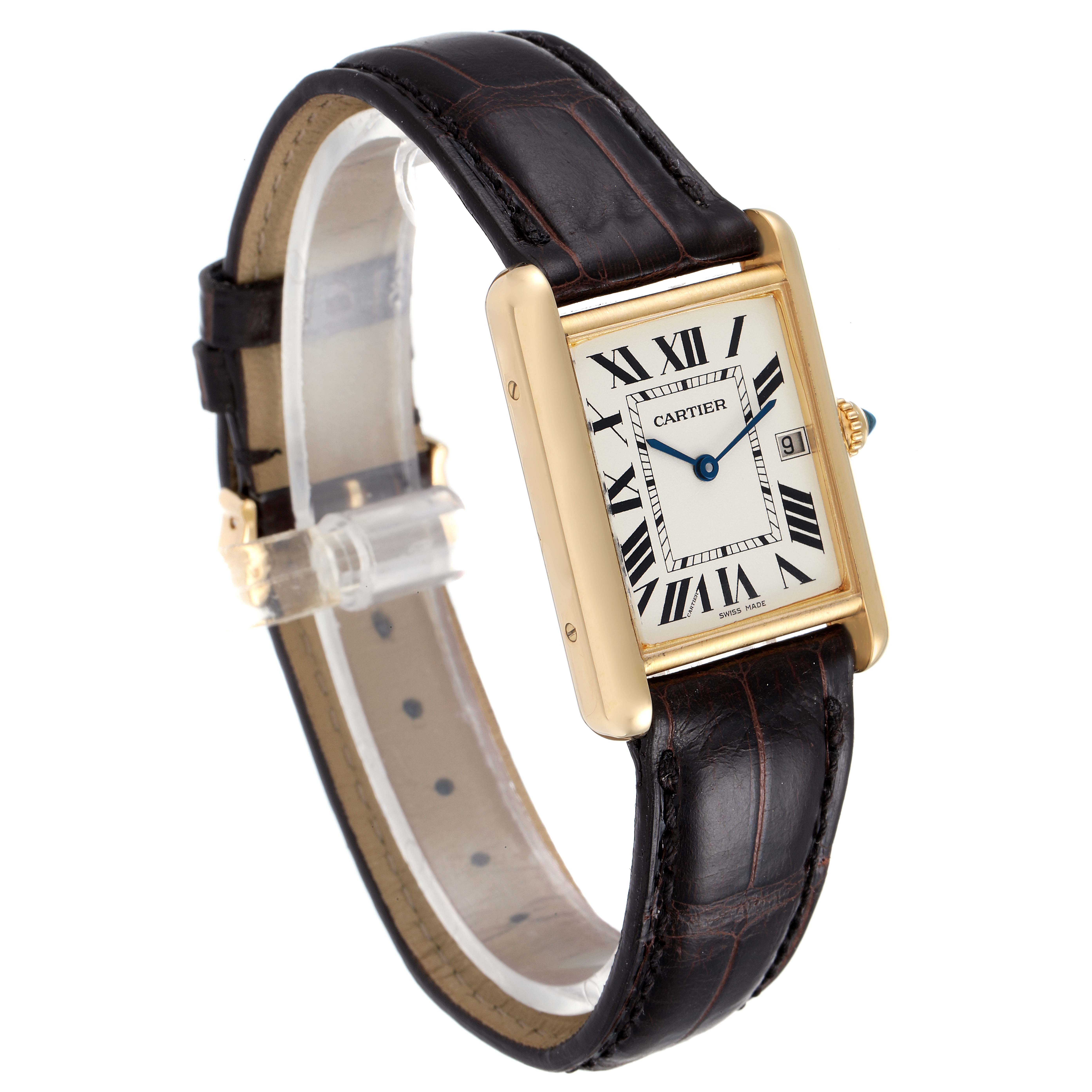 The image shows a Cartier Tank Louis W1529756 Men
s Yellow Gold Silver Dial W1529756 Men
s Yellow Gold Silver Dial watch, depicting a frontal and slight side view of the watch face and leather strap.