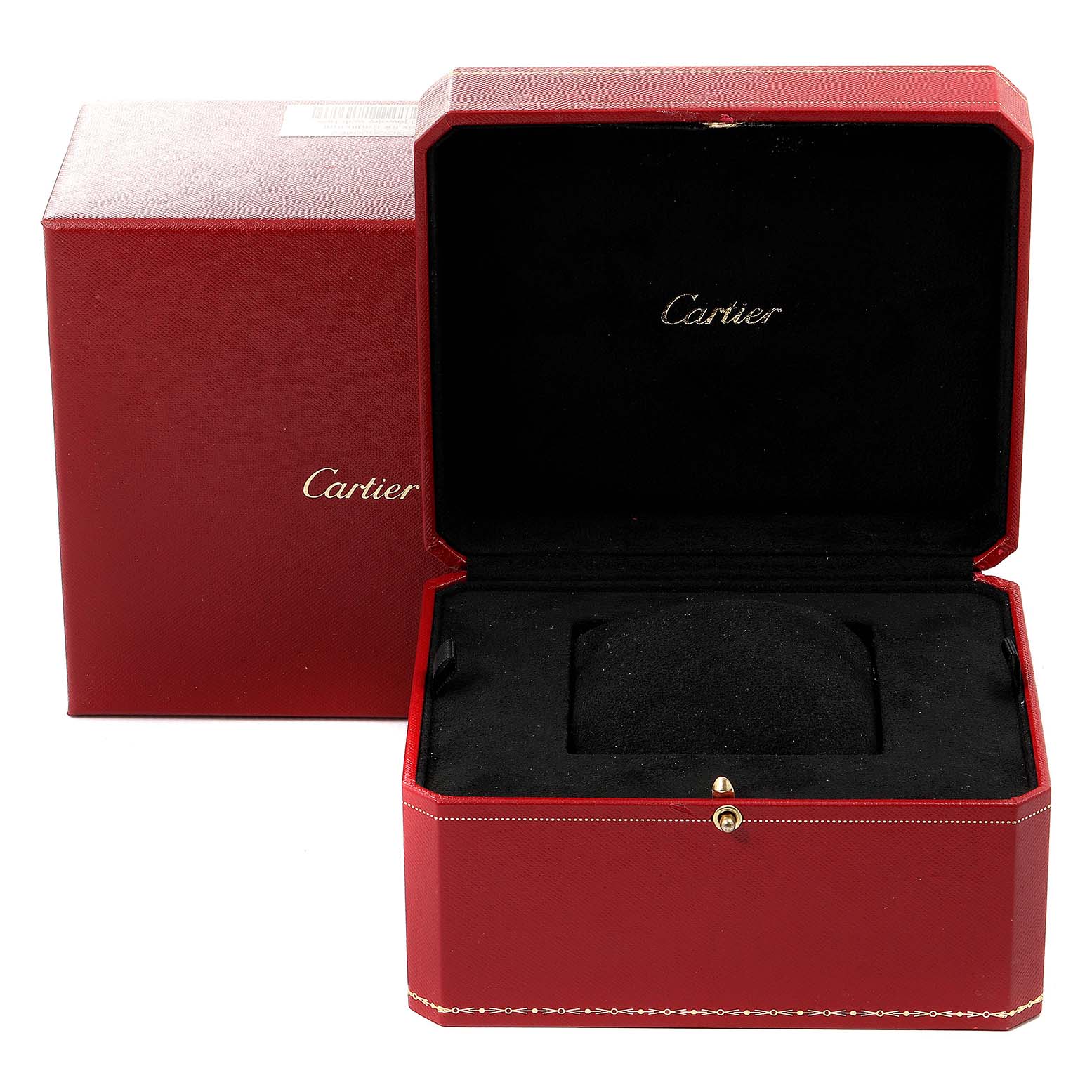 This image shows the open box and outer red packaging for a Cartier Tank Louis W1529756 Men
s Yellow Gold Silver Dial W1529756 Men
s Yellow Gold Silver Dial watch.