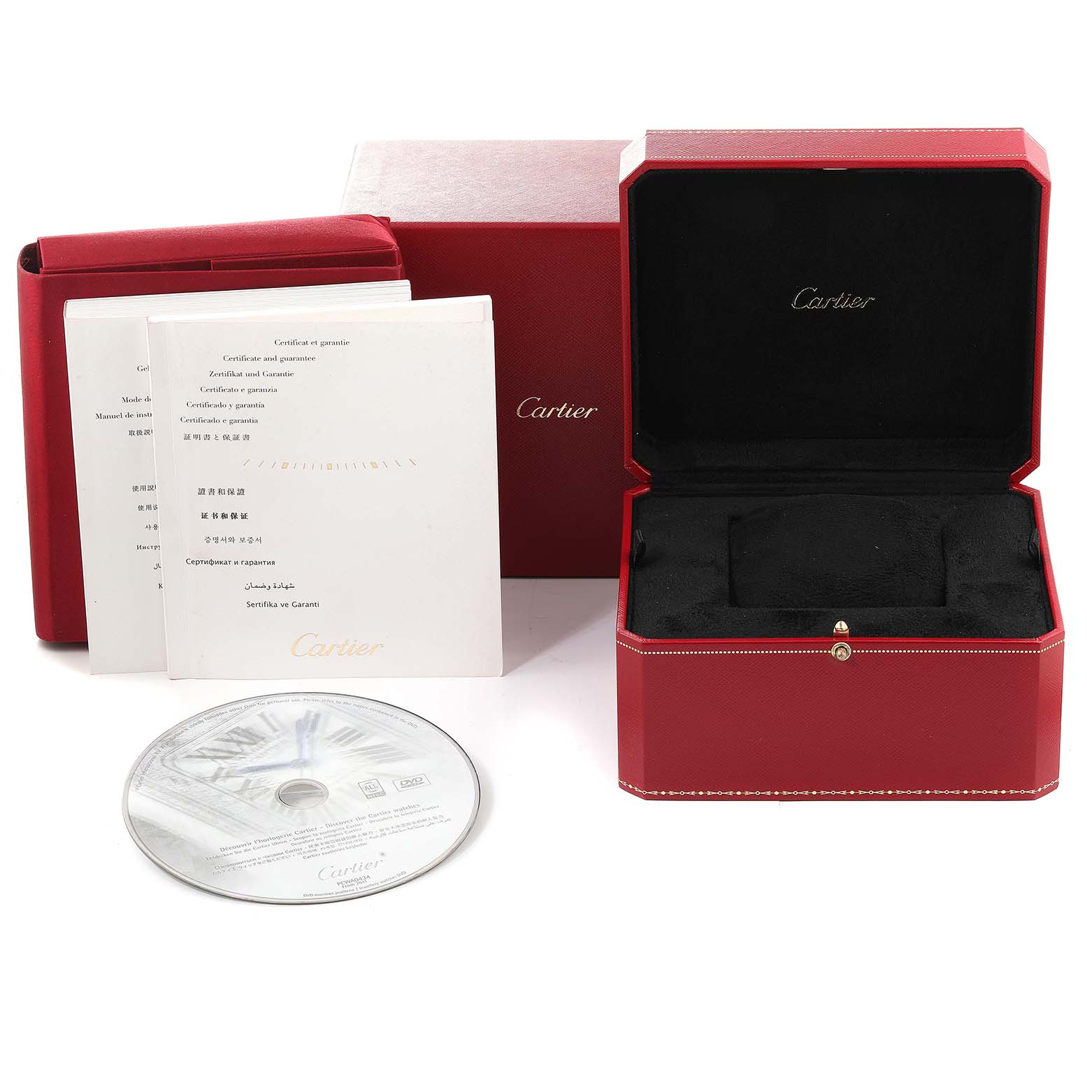 The image shows the packaging, manual, and a CD for the Cartier Tank Louis WT200005 Men's Rose Gold Silver Dial WT200005 Men's Rose Gold Silver Dial model watch.